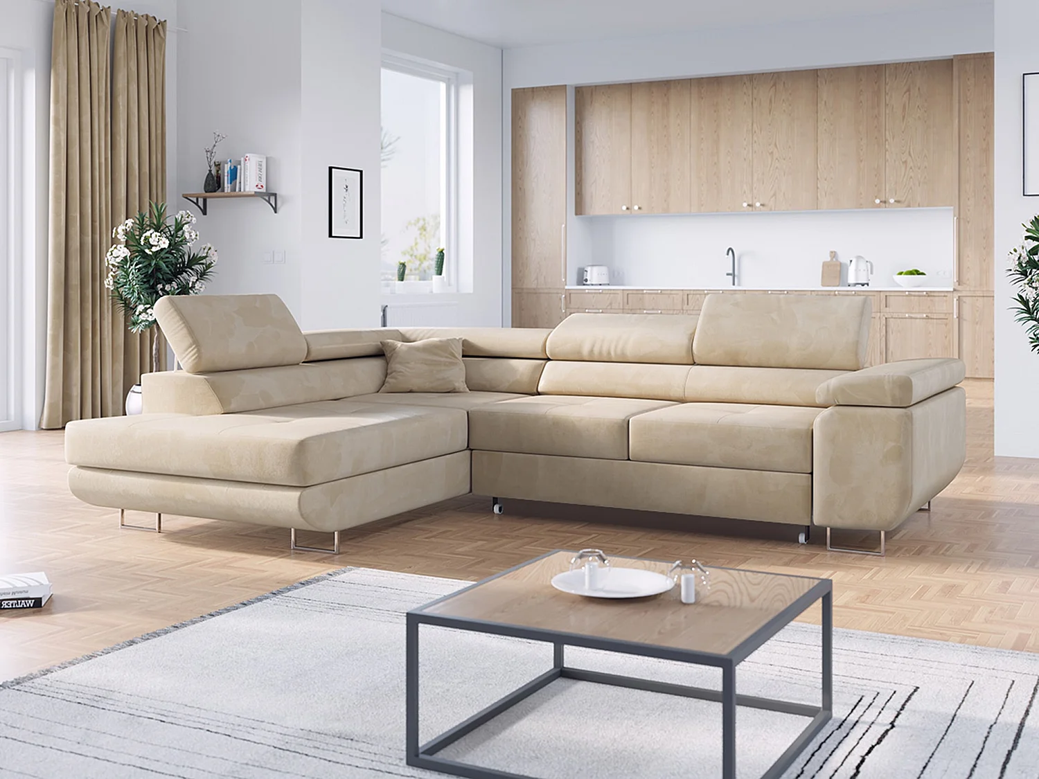 Ecksofa GUSTAW - mit Schlaffunktion, verstellbare Kopfstützen, Metallbeine - Beige Velvet - Ecke Links