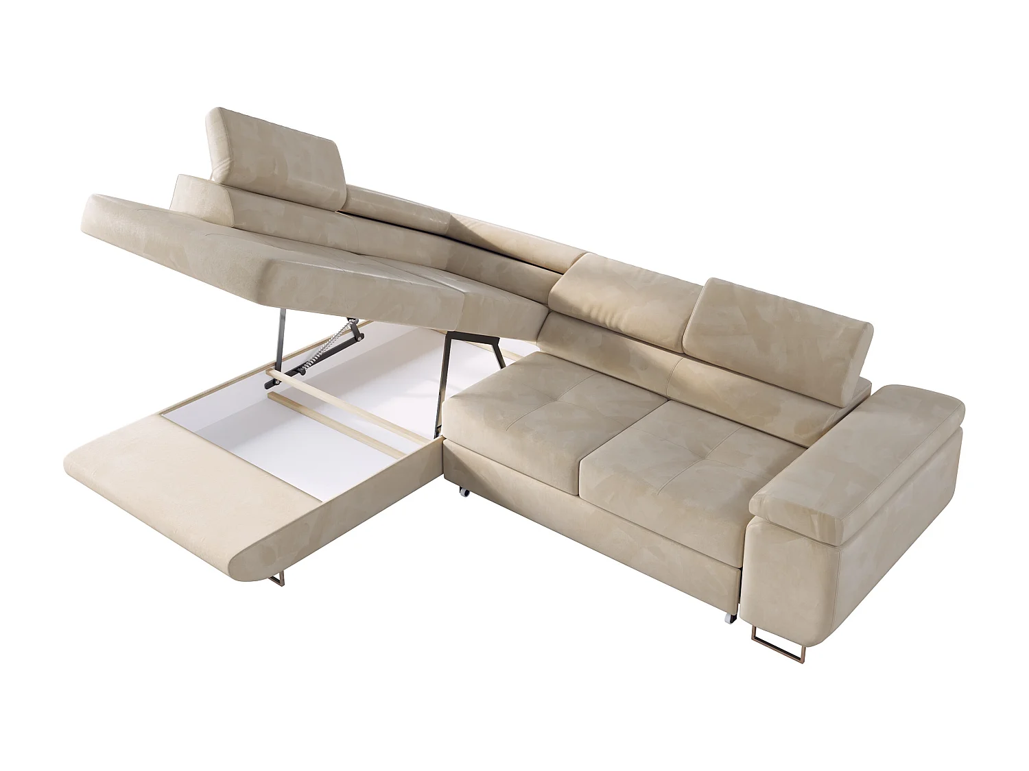 Ecksofa GUSTAW - mit Schlaffunktion, verstellbare Kopfstützen, Metallbeine - Beige Velvet - Ecke Links