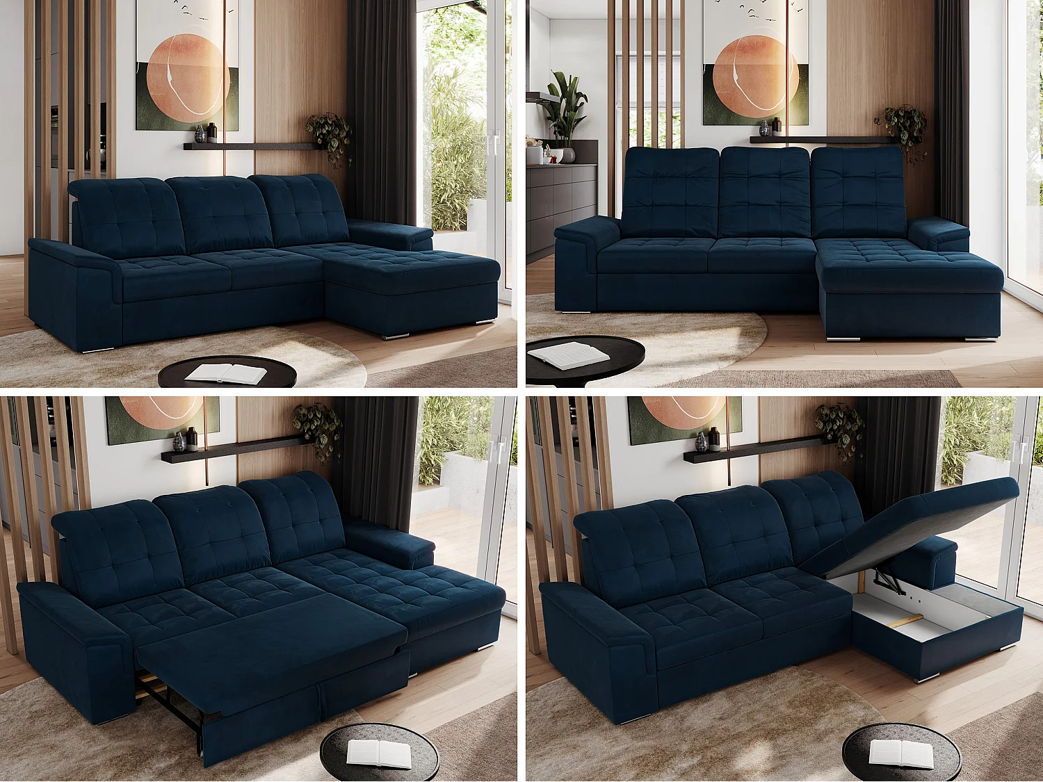 Ecksofa MADRITO - mit verstellbarer Rückenlehne, Armlehnen, gestepptem Sitz und Rückenlehne, Schlaffunktion - Dunkelblau Velvet - Ecke Rechts