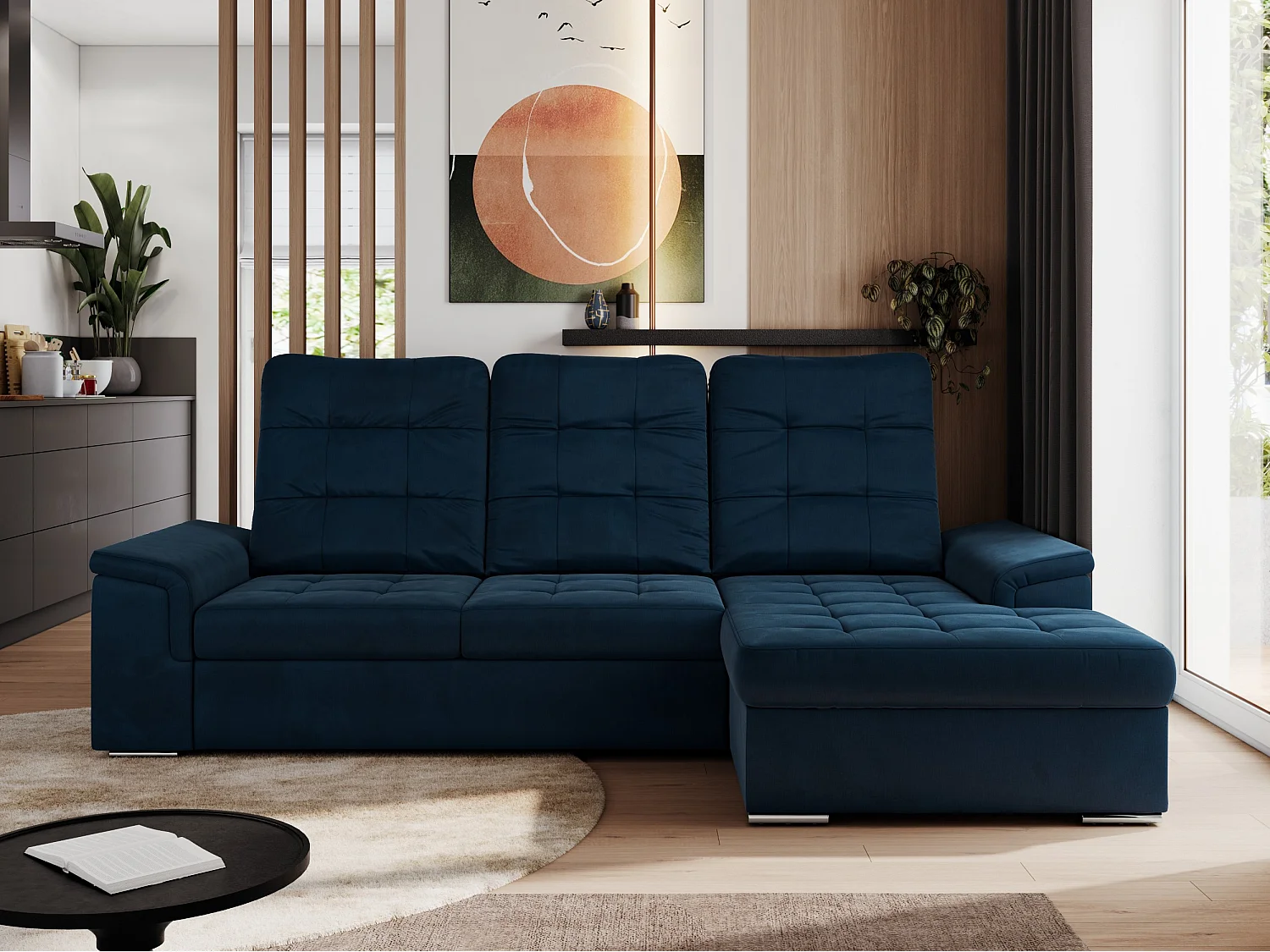 Ecksofa MADRITO - mit verstellbarer Rückenlehne, Armlehnen, gestepptem Sitz und Rückenlehne, Schlaffunktion - Dunkelblau Velvet - Ecke Rechts