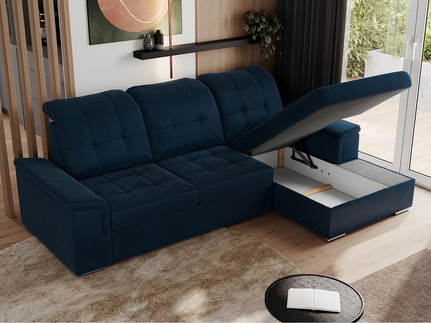 Ecksofa MADRITO - mit verstellbarer Rückenlehne, Armlehnen, gestepptem Sitz und Rückenlehne, Schlaffunktion - Dunkelblau Velvet - Ecke Rechts