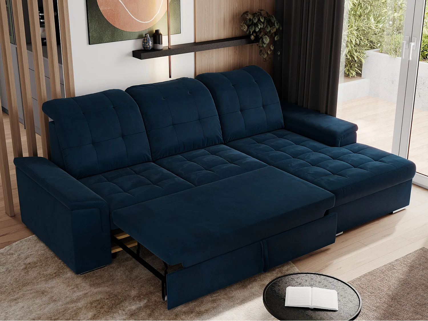 Ecksofa MADRITO - mit verstellbarer Rückenlehne, Armlehnen, gestepptem Sitz und Rückenlehne, Schlaffunktion - Dunkelblau Velvet - Ecke Rechts