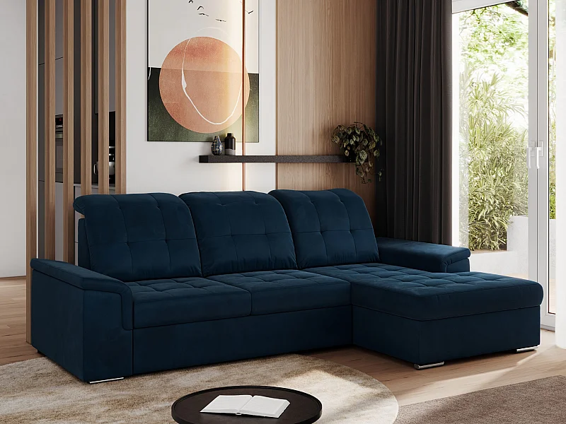 Ecksofa MADRITO - mit verstellbarer Rückenlehne, Armlehnen, gestepptem Sitz und Rückenlehne, Schlaffunktion - Dunkelblau Velvet - Ecke Rechts