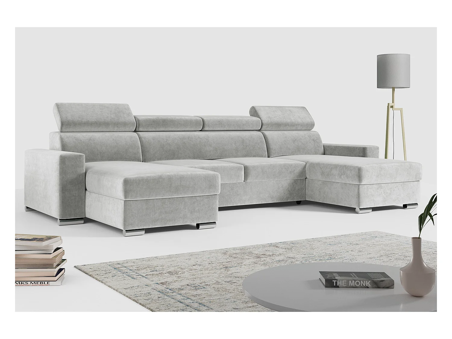 Ecksofa FOX U - verstellbare Kopfstützen, zwei Bettkästen, L-förmige Ecke mit Schlaffunktion, Armlehnen - Grau, Velvet