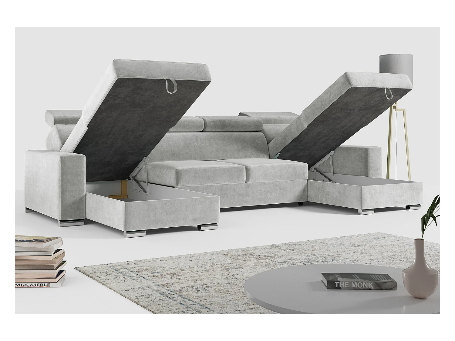 Ecksofa FOX U - verstellbare Kopfstützen, zwei Bettkästen, L-förmige Ecke mit Schlaffunktion, Armlehnen - Grau, Velvet