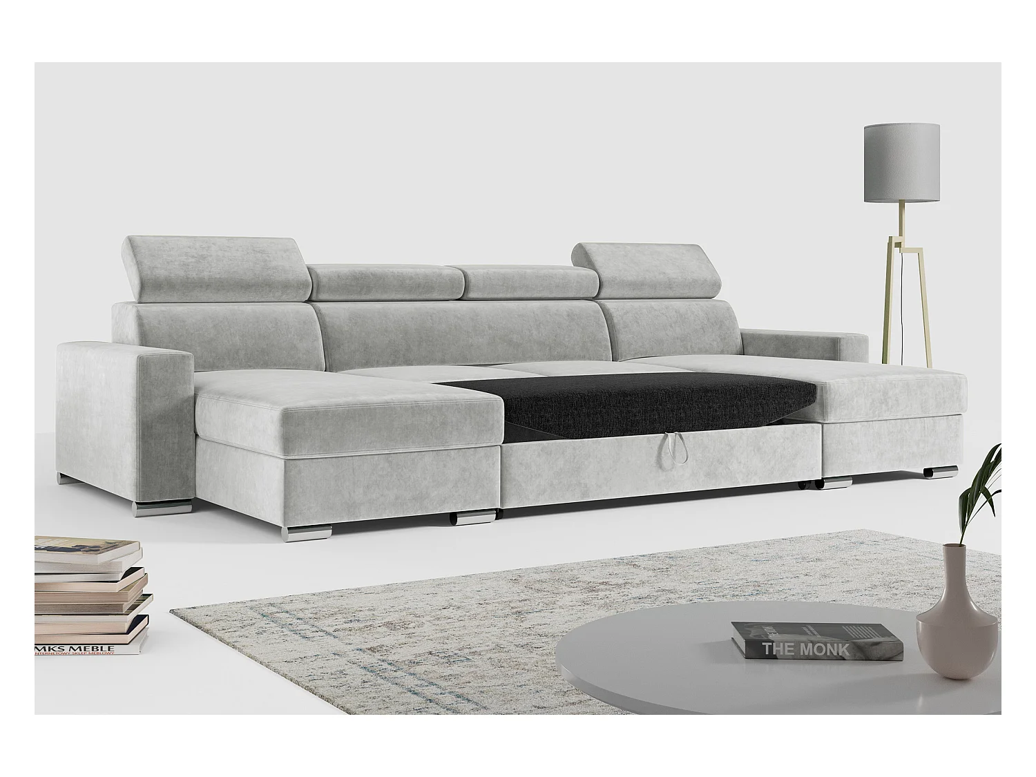 Ecksofa FOX U - verstellbare Kopfstützen, zwei Bettkästen, L-förmige Ecke mit Schlaffunktion, Armlehnen - Grau, Velvet