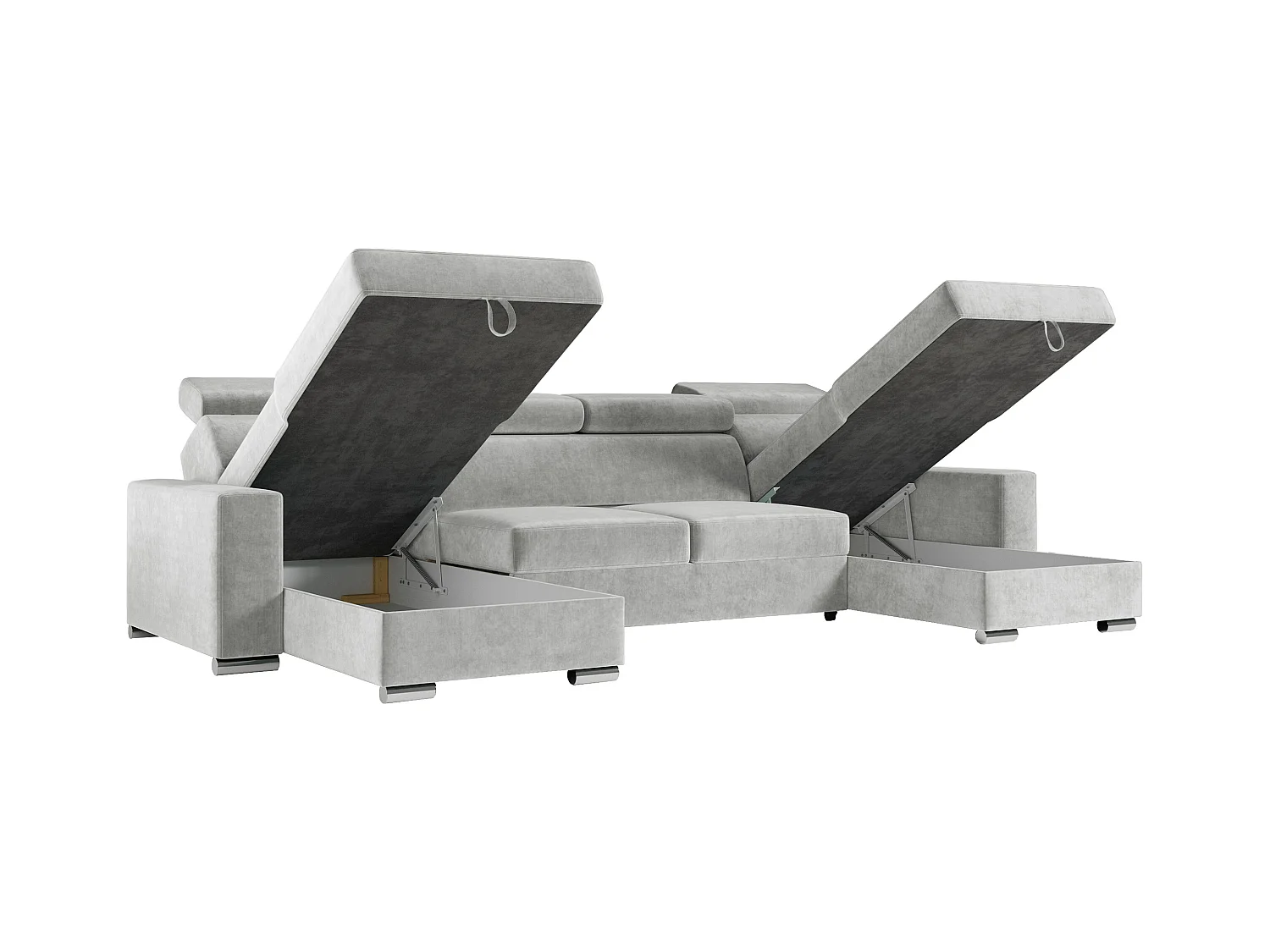 Ecksofa FOX U - verstellbare Kopfstützen, zwei Bettkästen, L-förmige Ecke mit Schlaffunktion, Armlehnen - Grau, Velvet