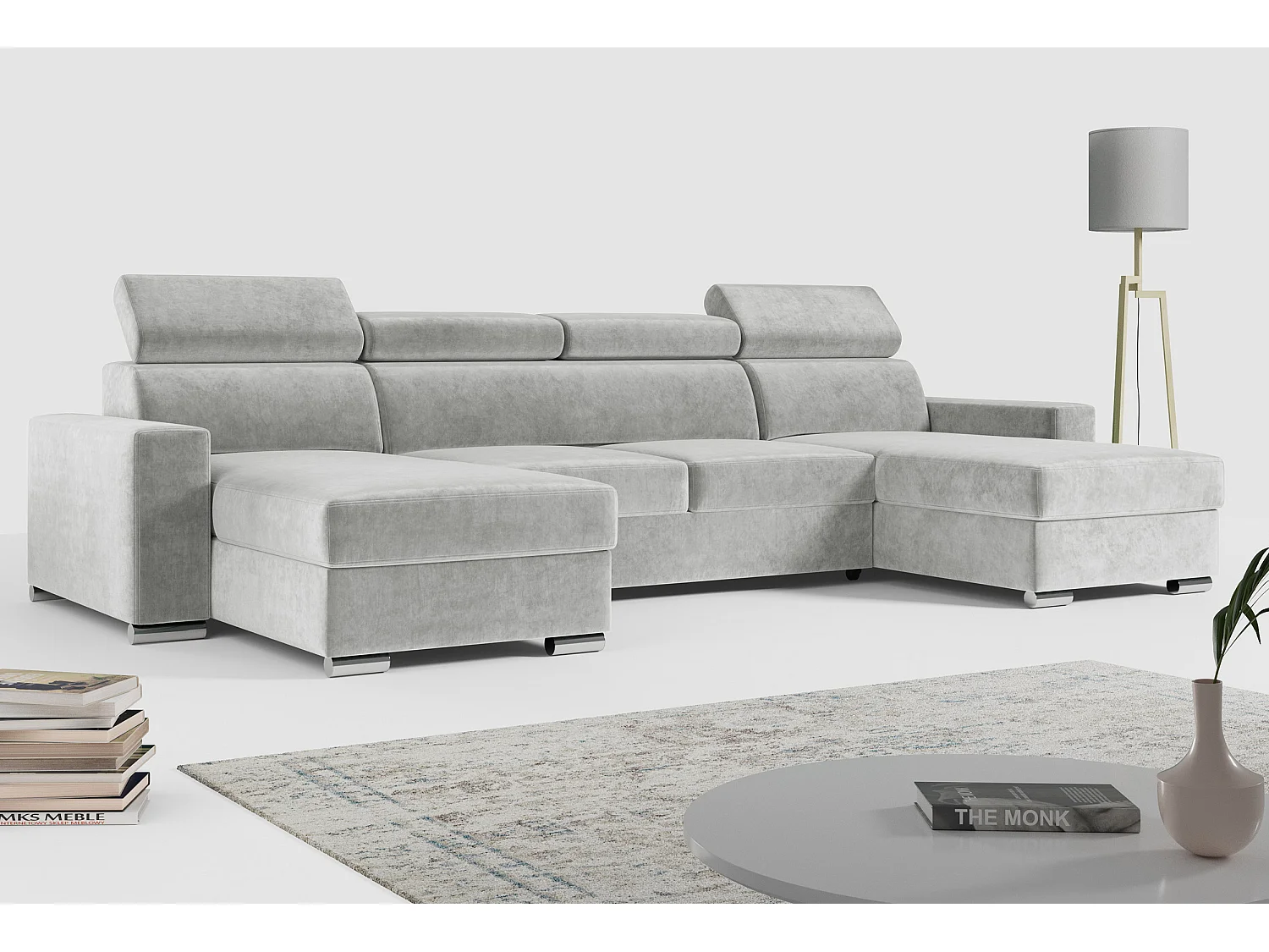 Ecksofa FOX U - verstellbare Kopfstützen, zwei Bettkästen, L-förmige Ecke mit Schlaffunktion, Armlehnen - Grau, Velvet