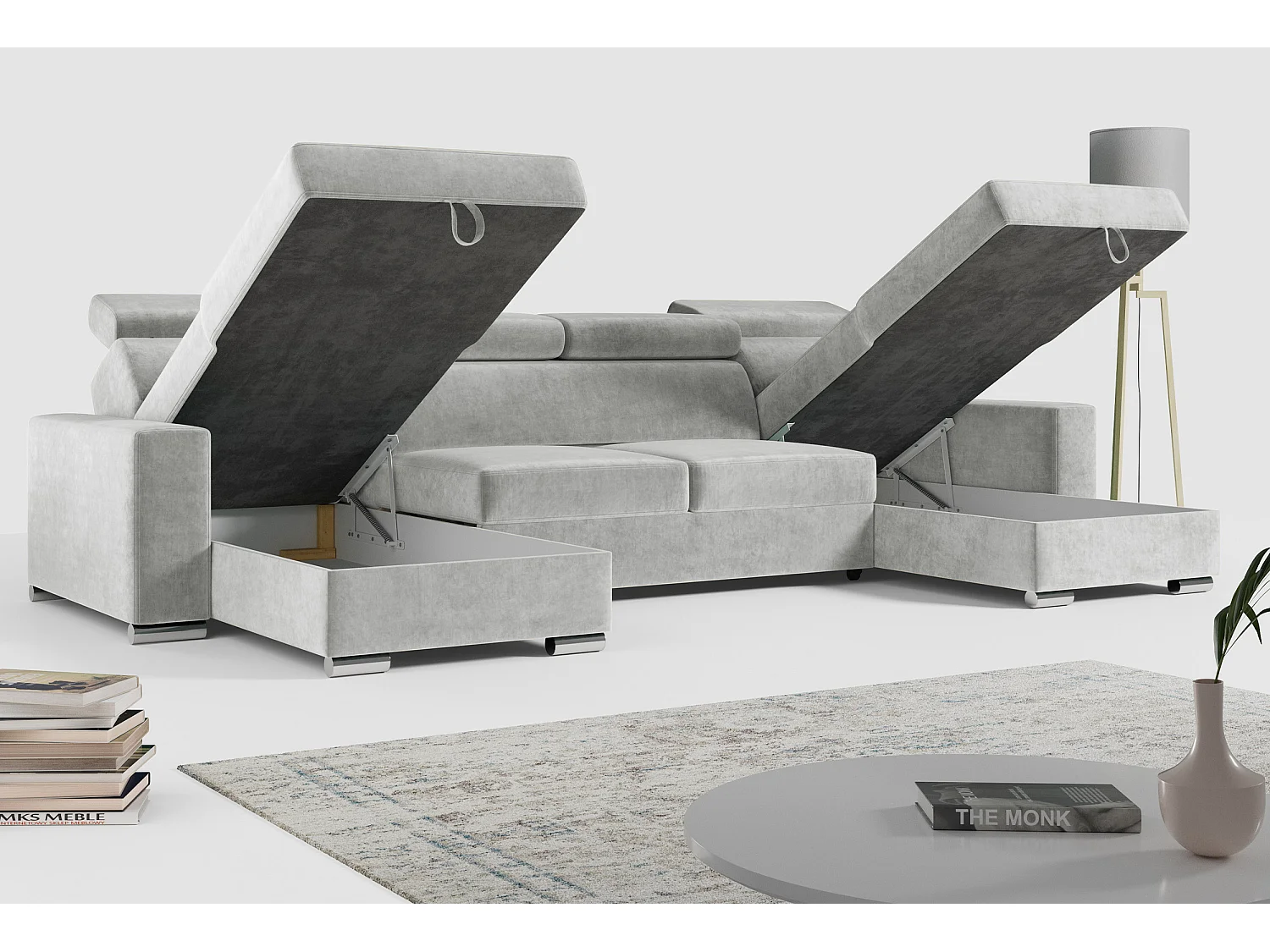 Ecksofa FOX U - verstellbare Kopfstützen, zwei Bettkästen, L-förmige Ecke mit Schlaffunktion, Armlehnen - Grau, Velvet