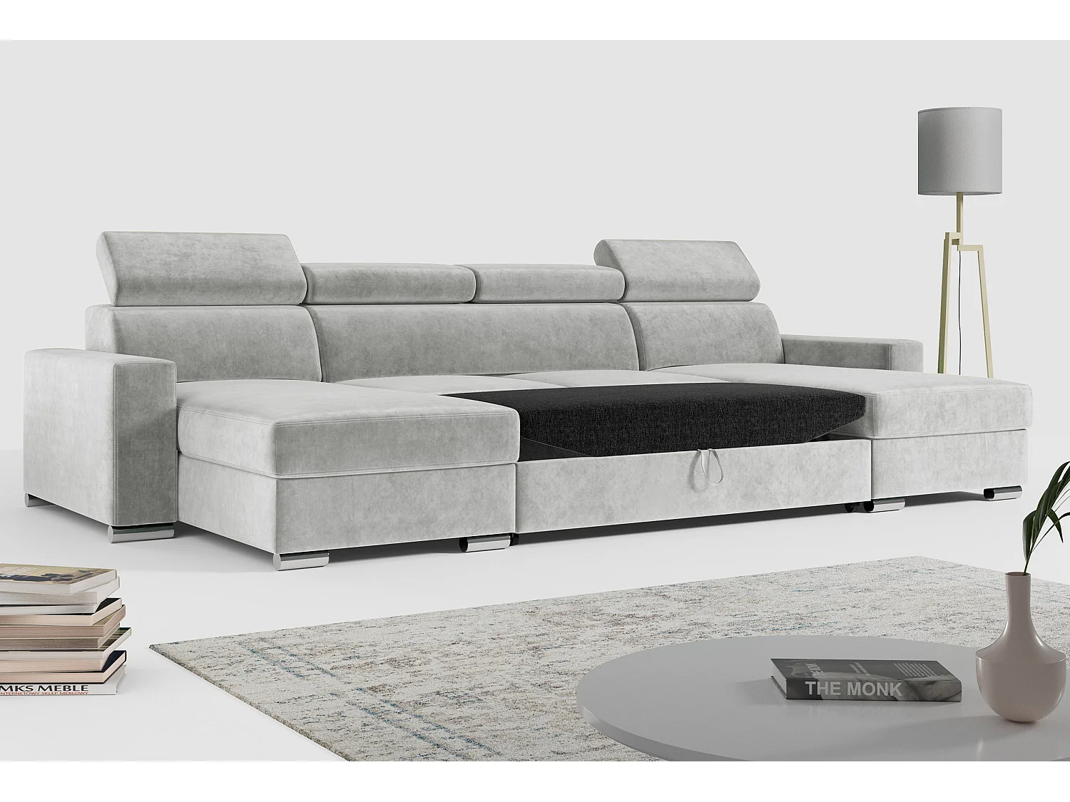 Ecksofa FOX U - verstellbare Kopfstützen, zwei Bettkästen, L-förmige Ecke mit Schlaffunktion, Armlehnen - Grau, Velvet