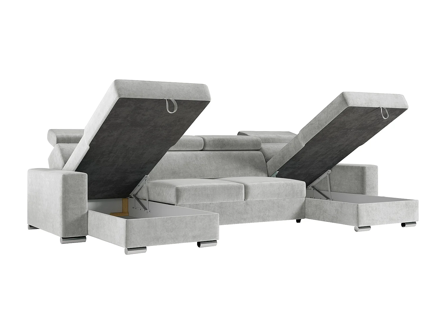 Ecksofa FOX U - verstellbare Kopfstützen, zwei Bettkästen, L-förmige Ecke mit Schlaffunktion, Armlehnen - Grau, Velvet