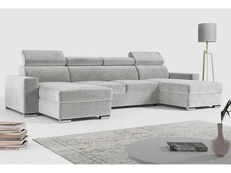 Ecksofa FOX U - verstellbare Kopfstützen, zwei Bettkästen, L-förmige Ecke mit Schlaffunktion, Armlehnen - Grau, Velvet