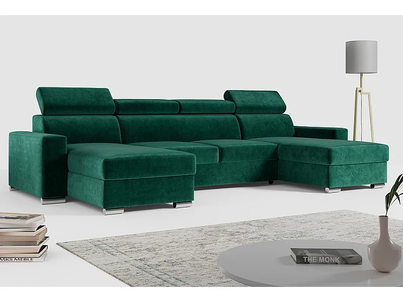 Ecksofa FOX U - verstellbare Kopfstützen, zwei Bettkästen, L-förmige Ecke mit Schlaffunktion, Armlehnen - Dunkelgrün, Velvet