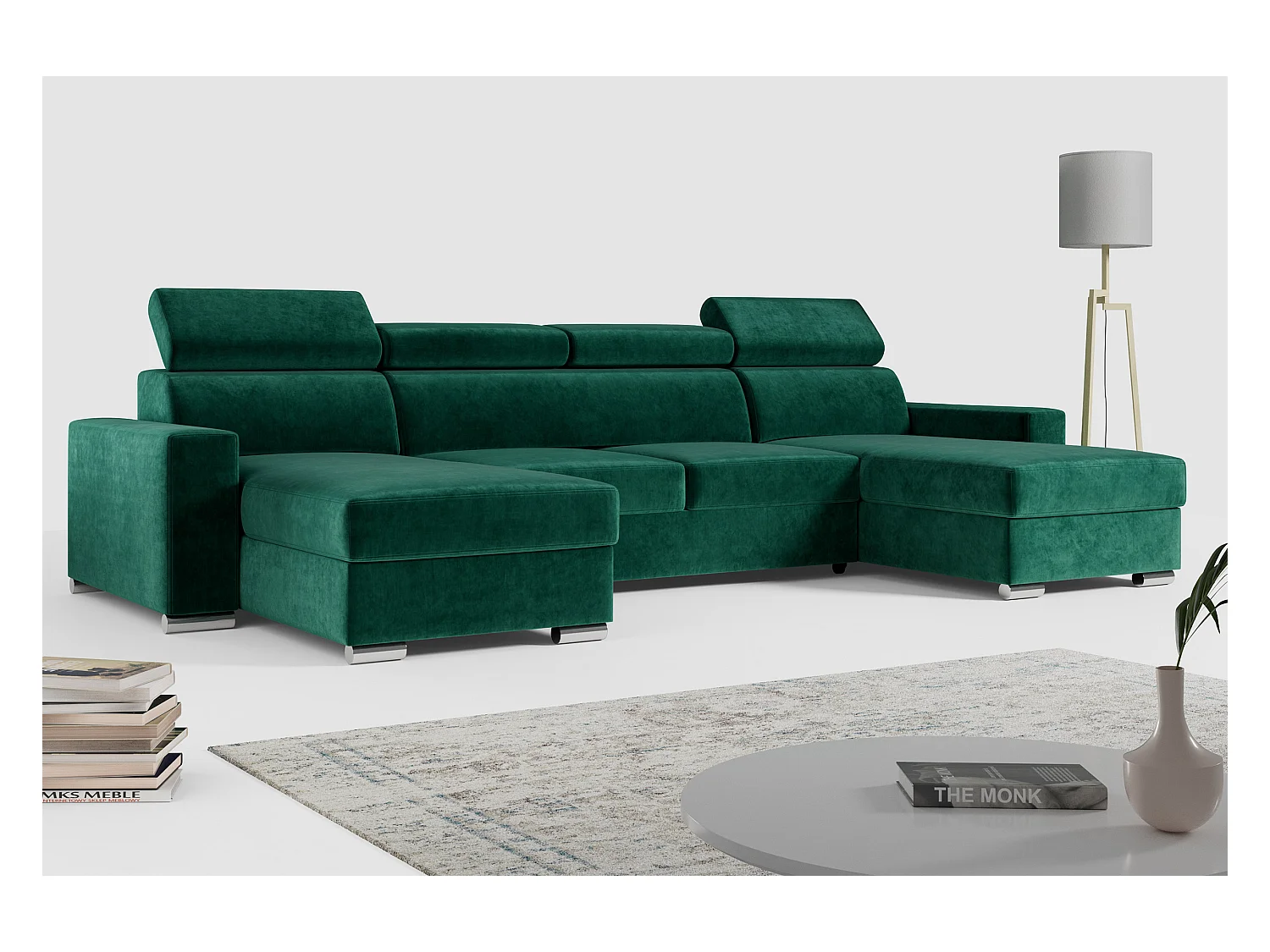 Ecksofa FOX U - verstellbare Kopfstützen, zwei Bettkästen, L-förmige Ecke mit Schlaffunktion, Armlehnen - Dunkelgrün, Velvet