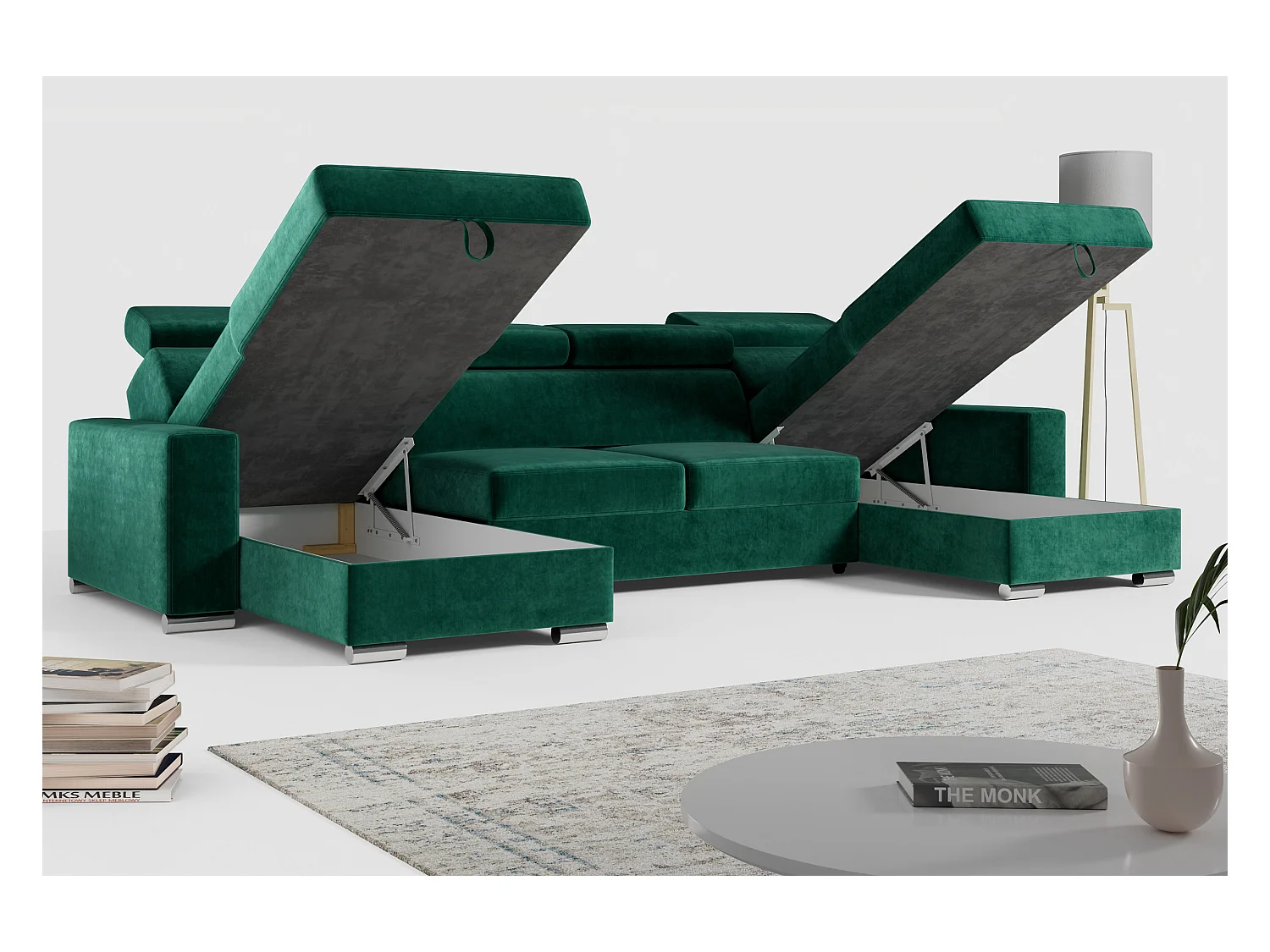 Ecksofa FOX U - verstellbare Kopfstützen, zwei Bettkästen, L-förmige Ecke mit Schlaffunktion, Armlehnen - Dunkelgrün, Velvet