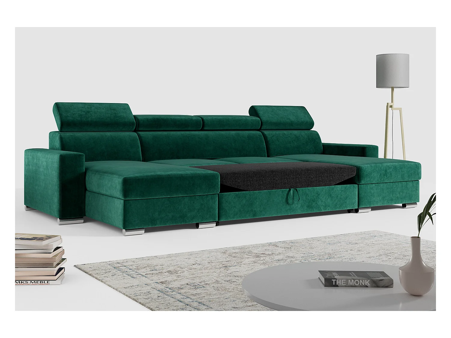 Ecksofa FOX U - verstellbare Kopfstützen, zwei Bettkästen, L-förmige Ecke mit Schlaffunktion, Armlehnen - Dunkelgrün, Velvet