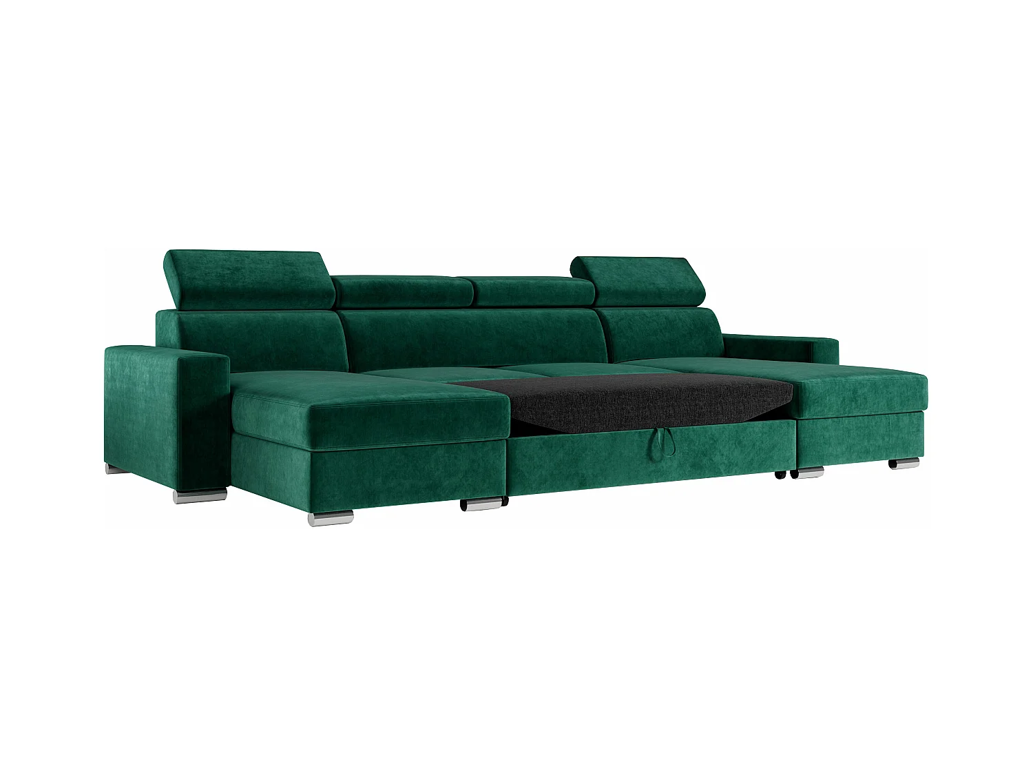 Ecksofa FOX U - verstellbare Kopfstützen, zwei Bettkästen, L-förmige Ecke mit Schlaffunktion, Armlehnen - Dunkelgrün, Velvet