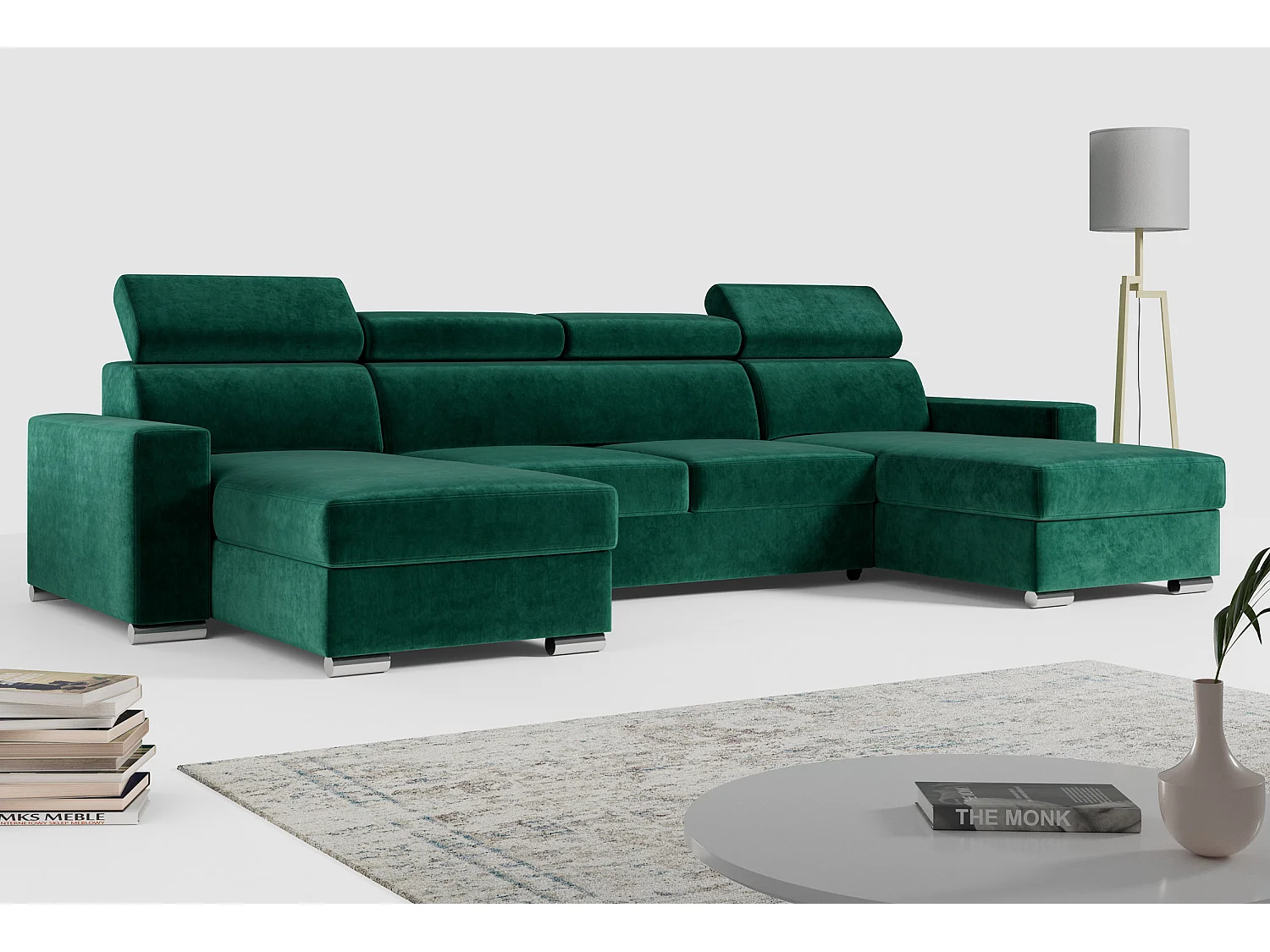 Ecksofa FOX U - verstellbare Kopfstützen, zwei Bettkästen, L-förmige Ecke mit Schlaffunktion, Armlehnen - Dunkelgrün, Velvet