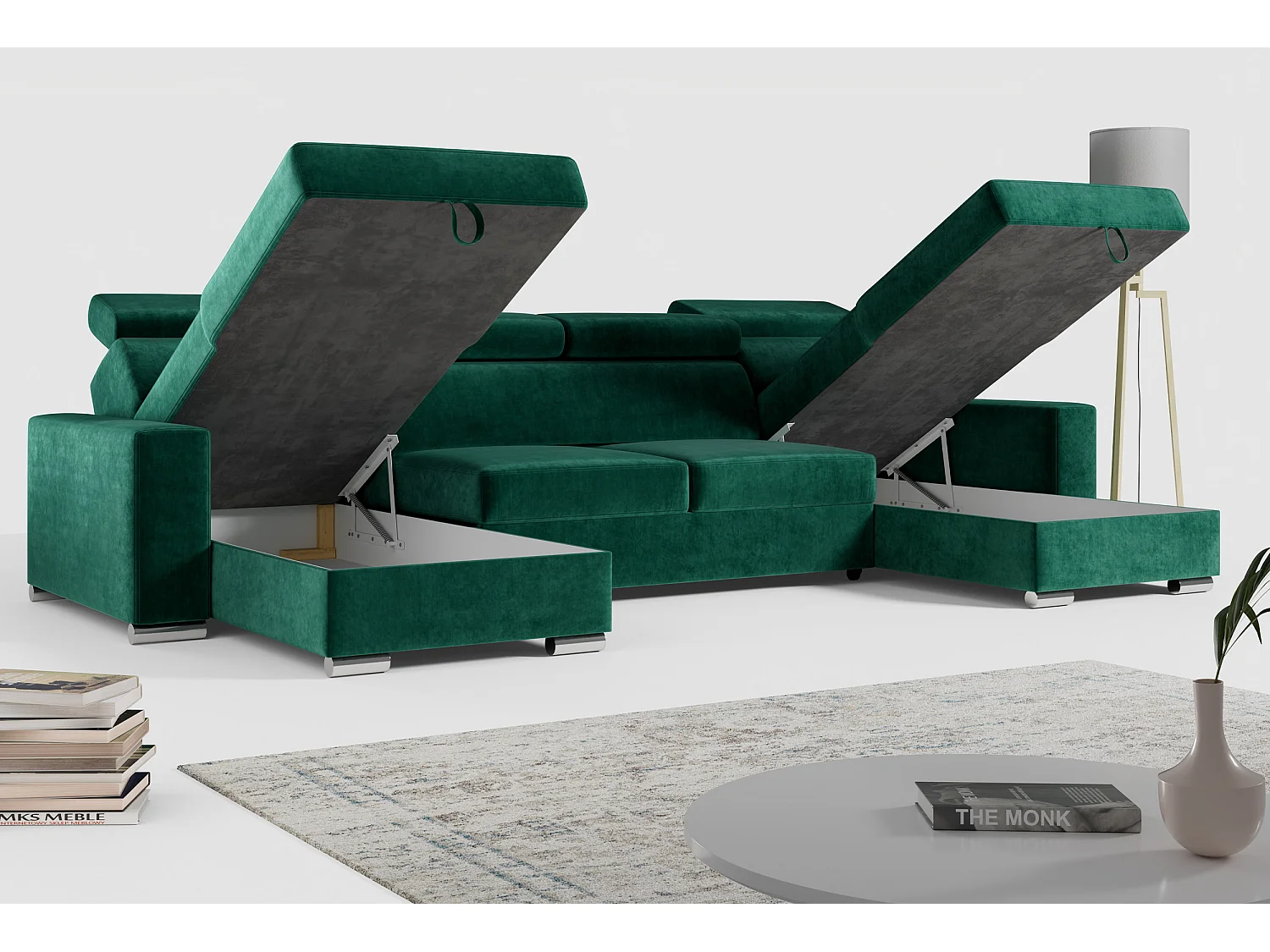 Ecksofa FOX U - verstellbare Kopfstützen, zwei Bettkästen, L-förmige Ecke mit Schlaffunktion, Armlehnen - Dunkelgrün, Velvet