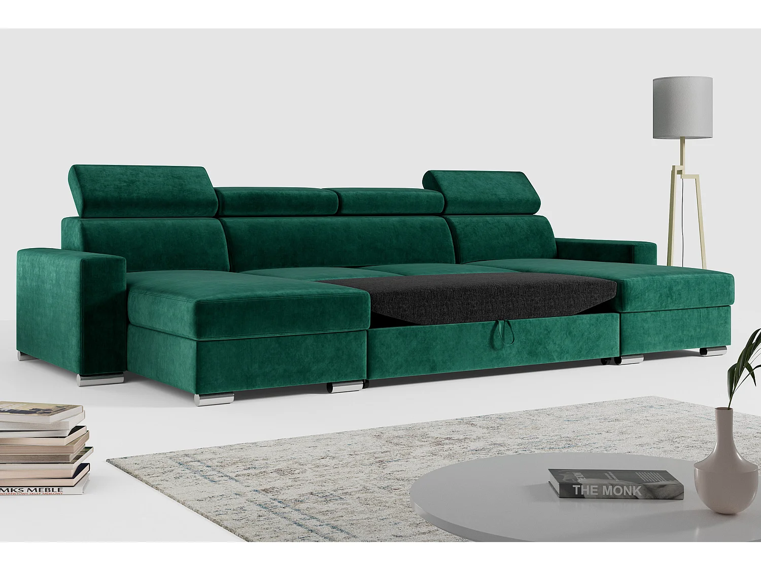 Ecksofa FOX U - verstellbare Kopfstützen, zwei Bettkästen, L-förmige Ecke mit Schlaffunktion, Armlehnen - Dunkelgrün, Velvet