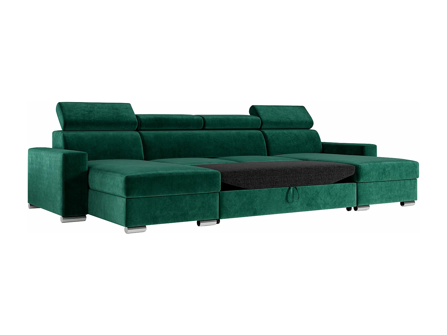 Ecksofa FOX U - verstellbare Kopfstützen, zwei Bettkästen, L-förmige Ecke mit Schlaffunktion, Armlehnen - Dunkelgrün, Velvet