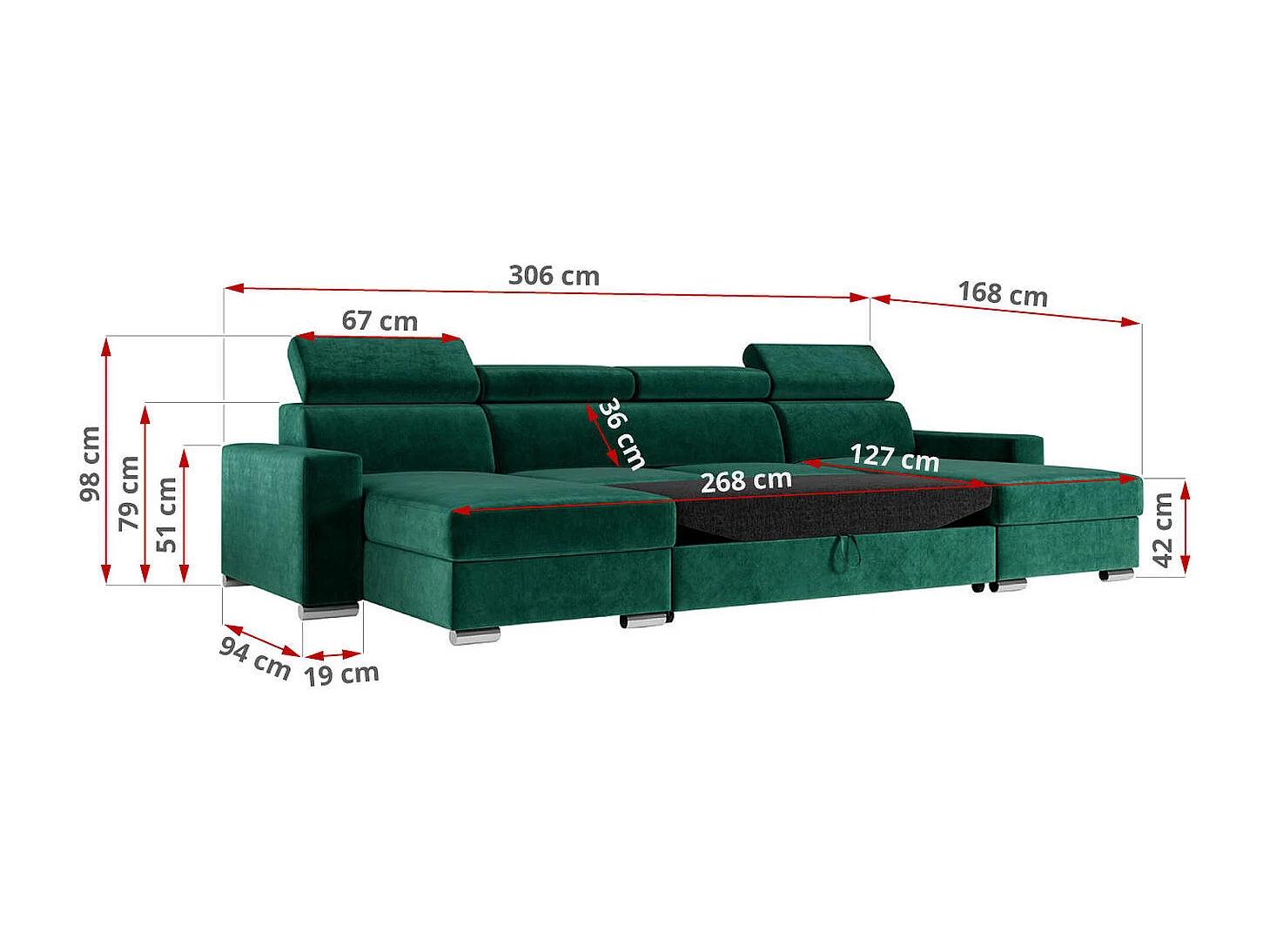 Ecksofa FOX U - verstellbare Kopfstützen, zwei Bettkästen, L-förmige Ecke mit Schlaffunktion, Armlehnen - Dunkelgrün, Velvet