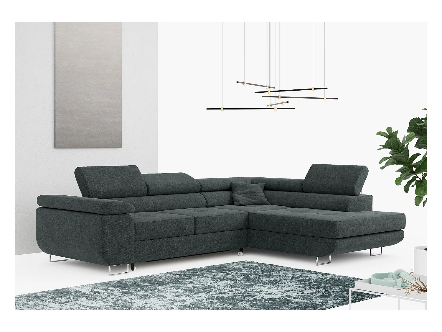 Ecksofa GUSTAW - mit Schlaffunktion, verstellbare Kopfstützen, Metallbeine - Dunkelgrau Stukture - Ecke Rechts