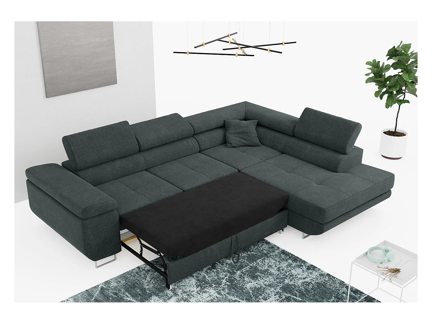 Ecksofa GUSTAW - mit Schlaffunktion, verstellbare Kopfstützen, Metallbeine - Dunkelgrau Stukture - Ecke Rechts