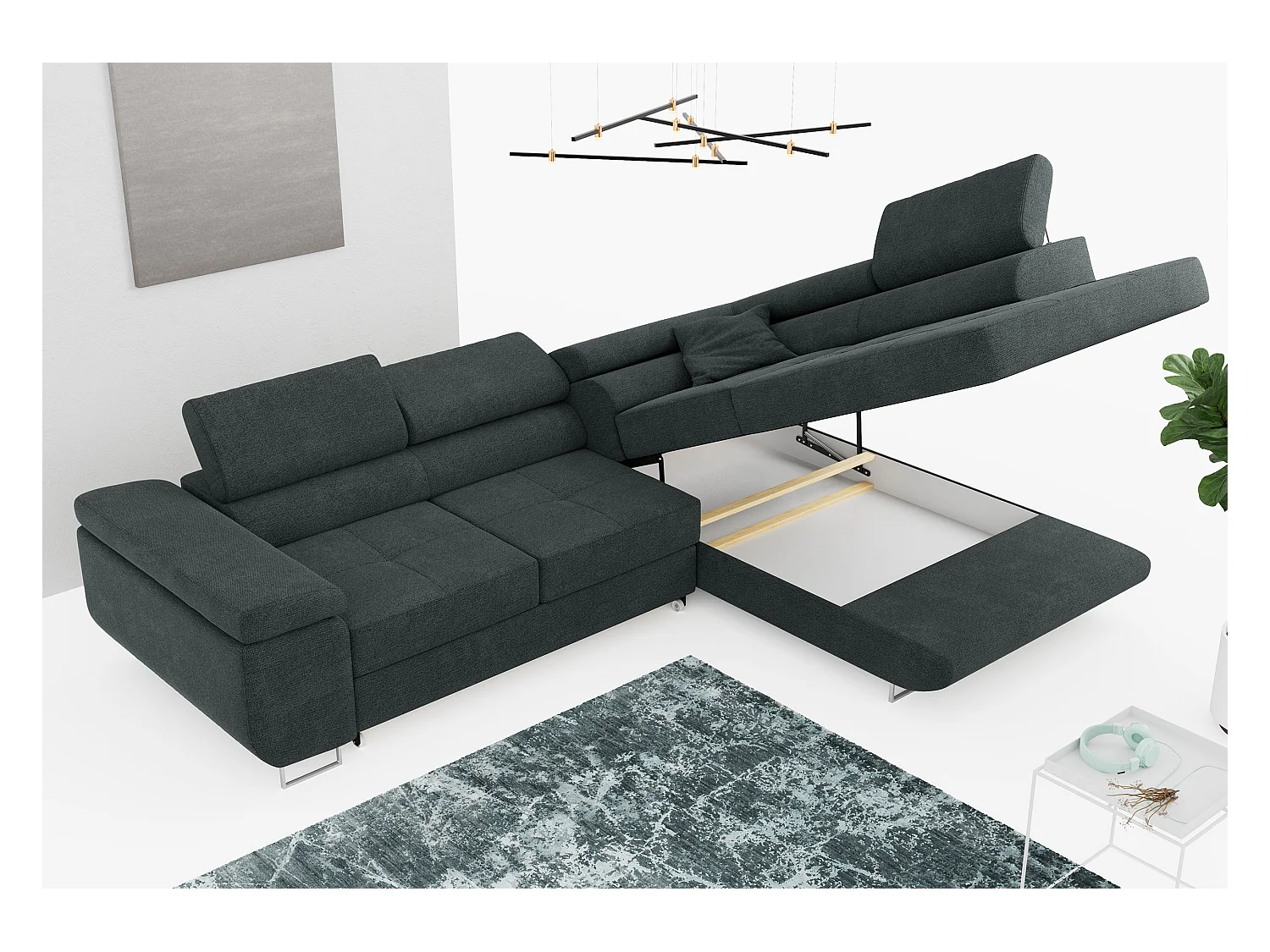 Ecksofa GUSTAW - mit Schlaffunktion, verstellbare Kopfstützen, Metallbeine - Dunkelgrau Stukture - Ecke Rechts