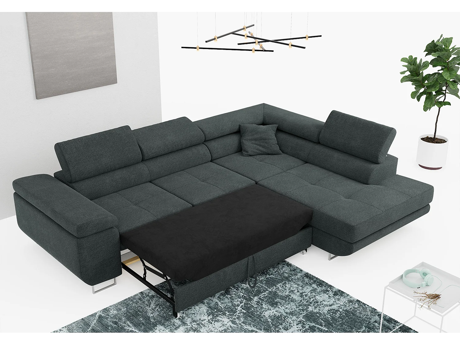 Ecksofa GUSTAW - mit Schlaffunktion, verstellbare Kopfstützen, Metallbeine - Dunkelgrau Stukture - Ecke Rechts