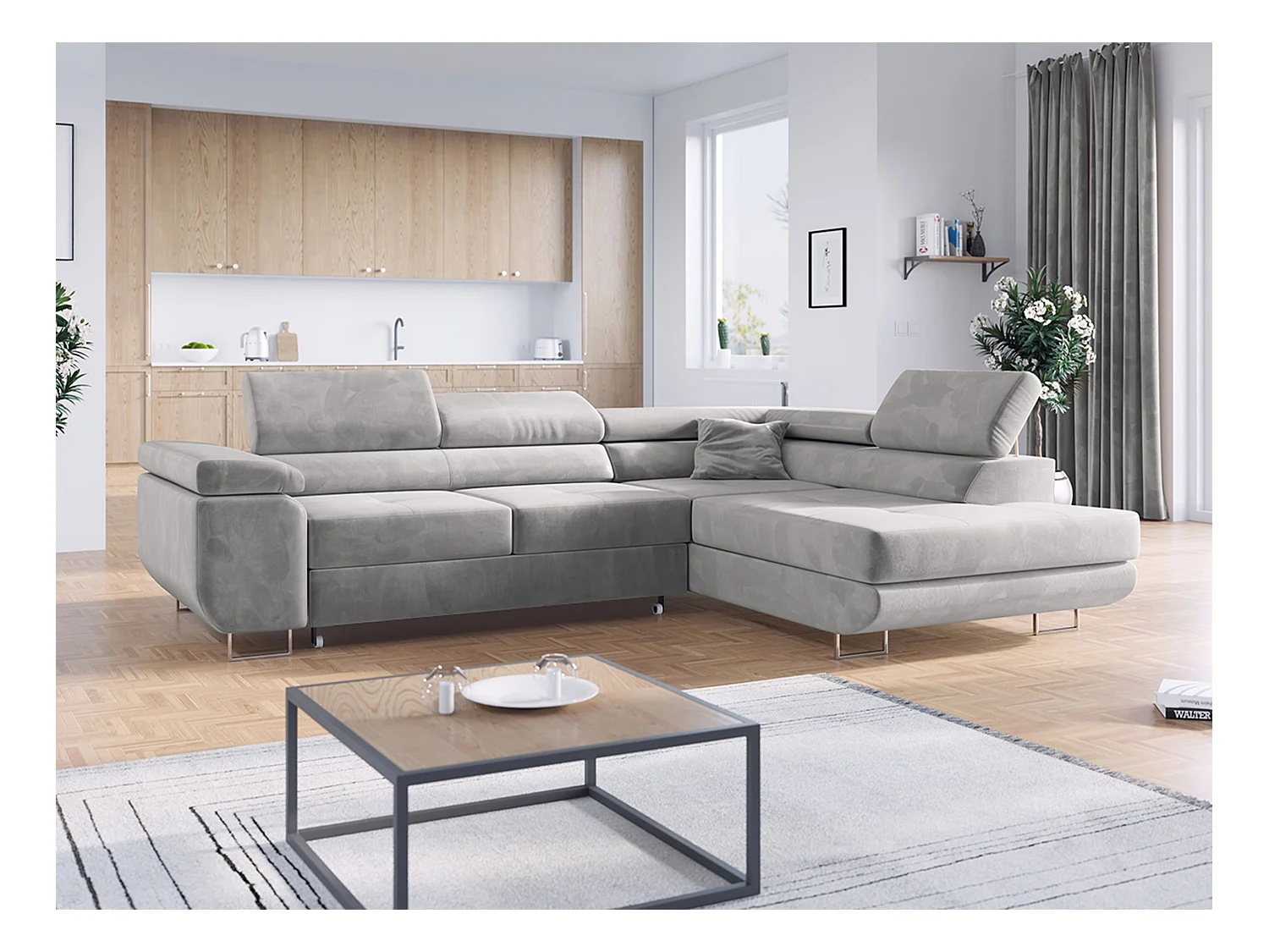 Ecksofa GUSTAW - mit Schlaffunktion, verstellbare Kopfstützen, Metallbeine - Hellgrau Velvet - Ecke Rechts