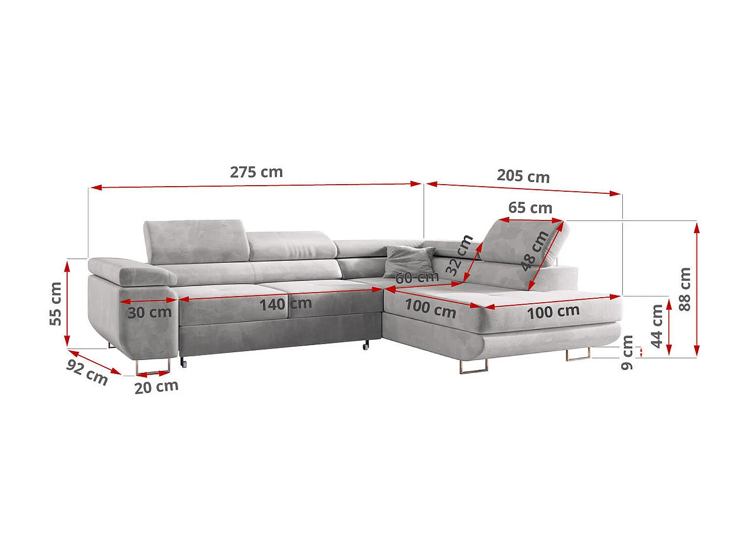 Ecksofa GUSTAW - mit Schlaffunktion, verstellbare Kopfstützen, Metallbeine - Hellgrau Velvet - Ecke Rechts