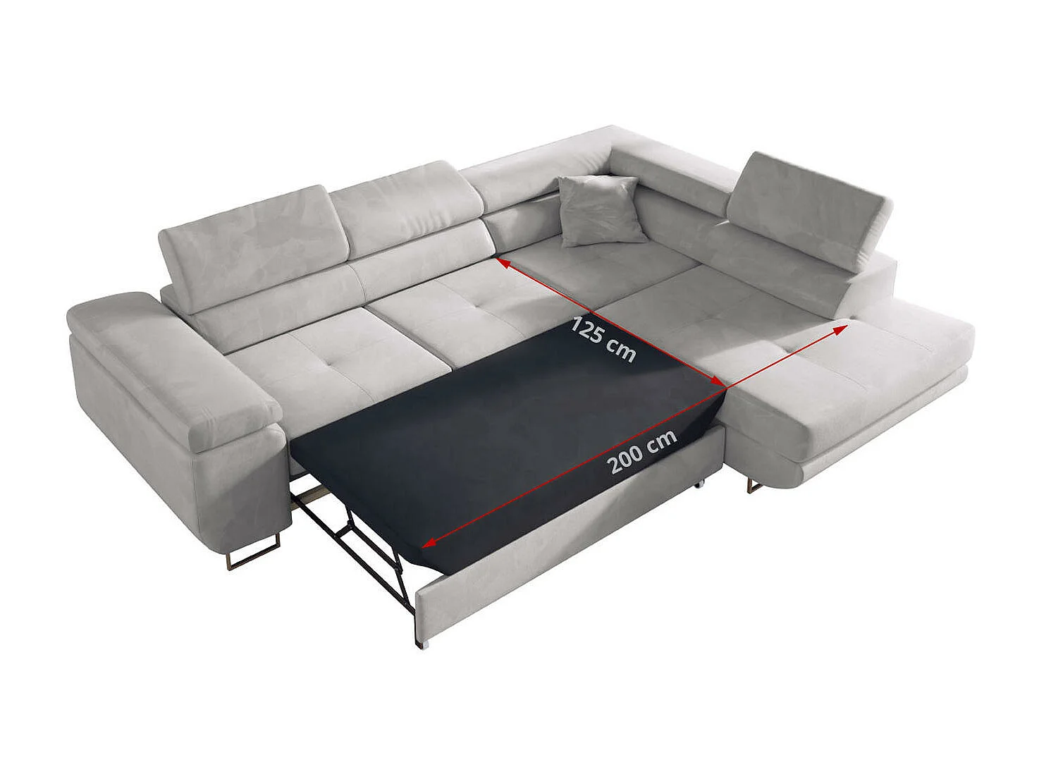 Ecksofa GUSTAW - mit Schlaffunktion, verstellbare Kopfstützen, Metallbeine - Hellgrau Velvet - Ecke Rechts