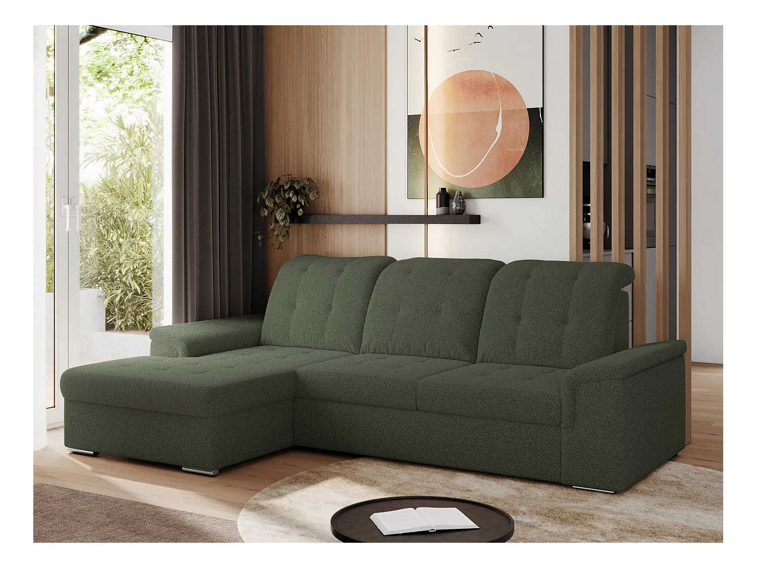 Ecksofa MADRITO - mit verstellbarer Rückenlehne, Armlehnen, gestepptem Sitz und Rückenlehne, Schlaffunktion - Grün Boucle - Ecke Links