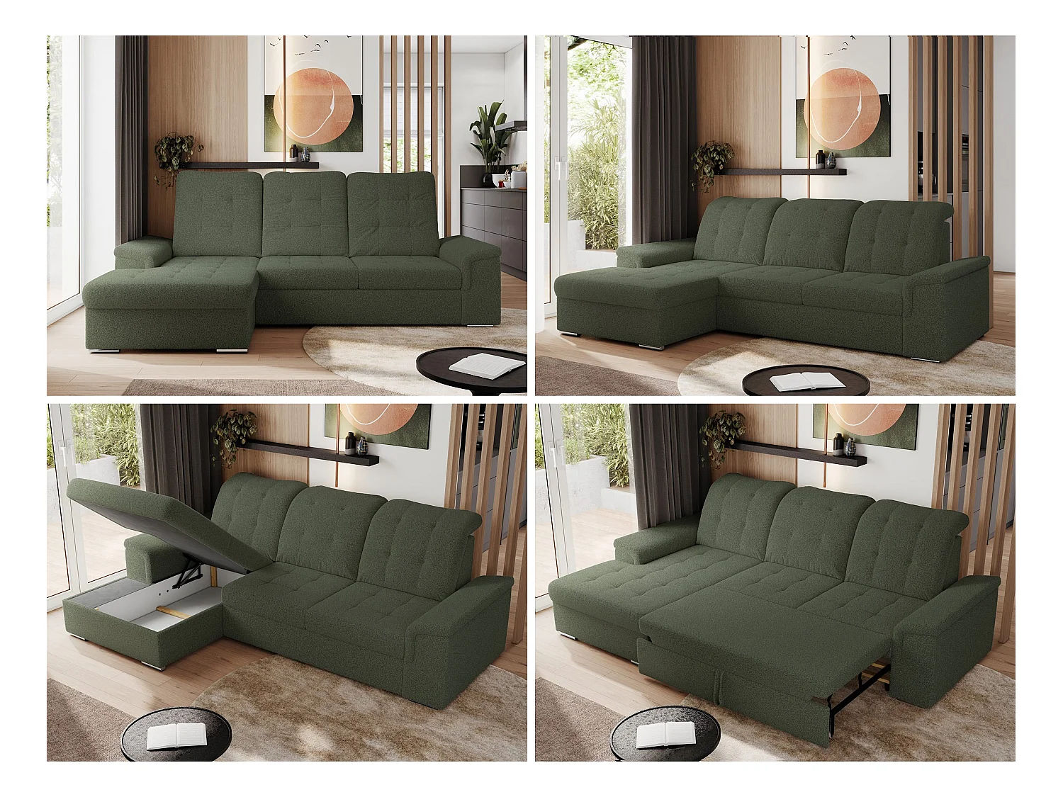 Ecksofa MADRITO - mit verstellbarer Rückenlehne, Armlehnen, gestepptem Sitz und Rückenlehne, Schlaffunktion - Grün Boucle - Ecke Links