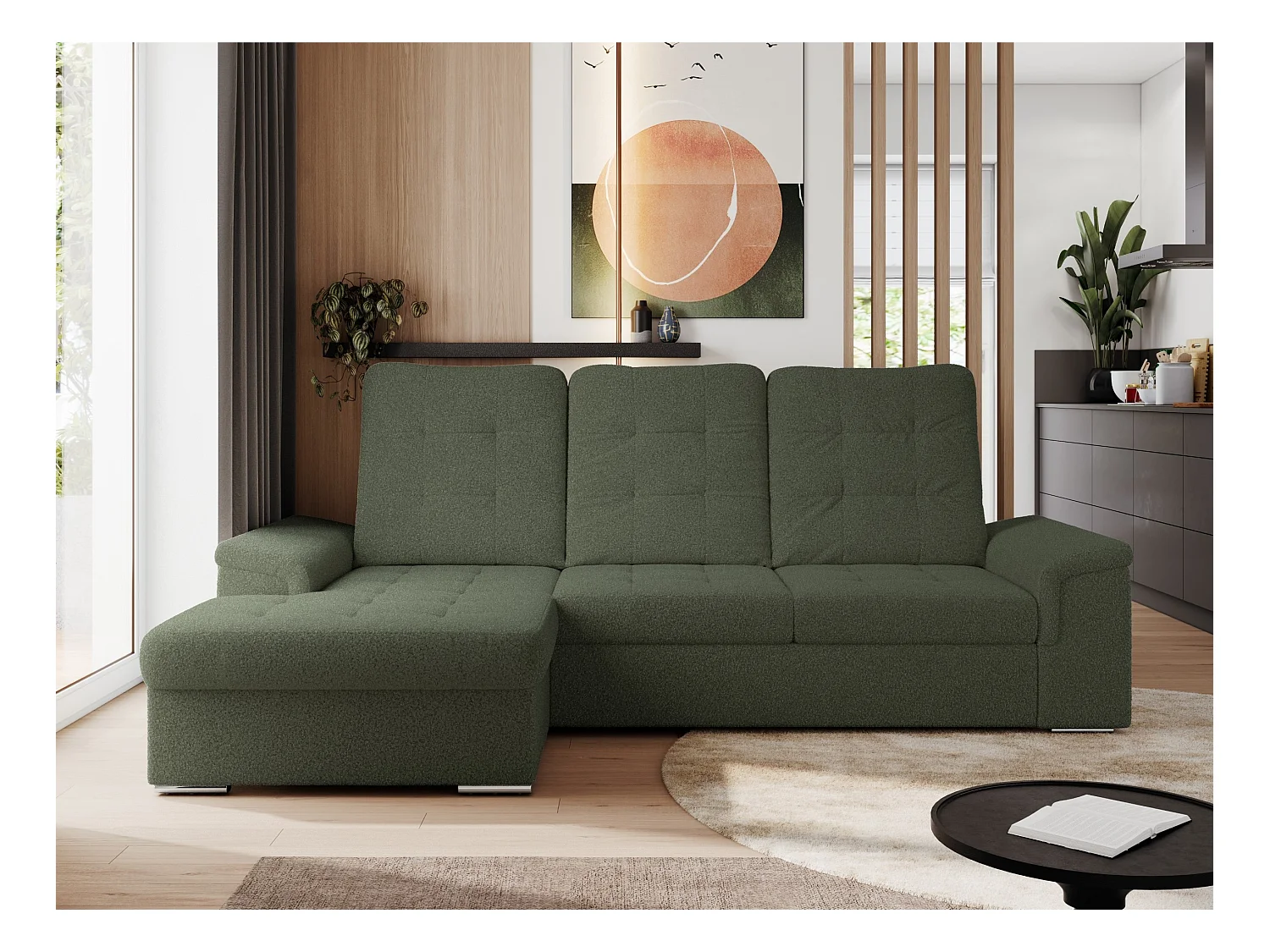 Ecksofa MADRITO - mit verstellbarer Rückenlehne, Armlehnen, gestepptem Sitz und Rückenlehne, Schlaffunktion - Grün Boucle - Ecke Links