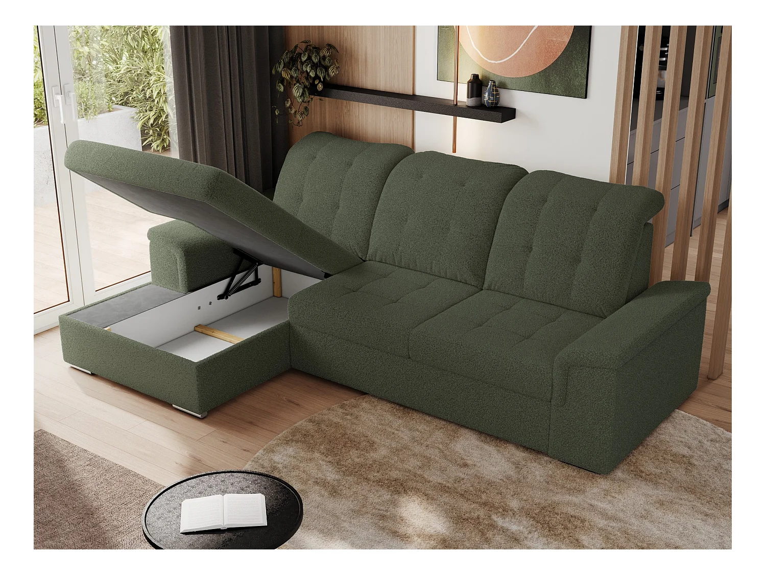 Ecksofa MADRITO - mit verstellbarer Rückenlehne, Armlehnen, gestepptem Sitz und Rückenlehne, Schlaffunktion - Grün Boucle - Ecke Links