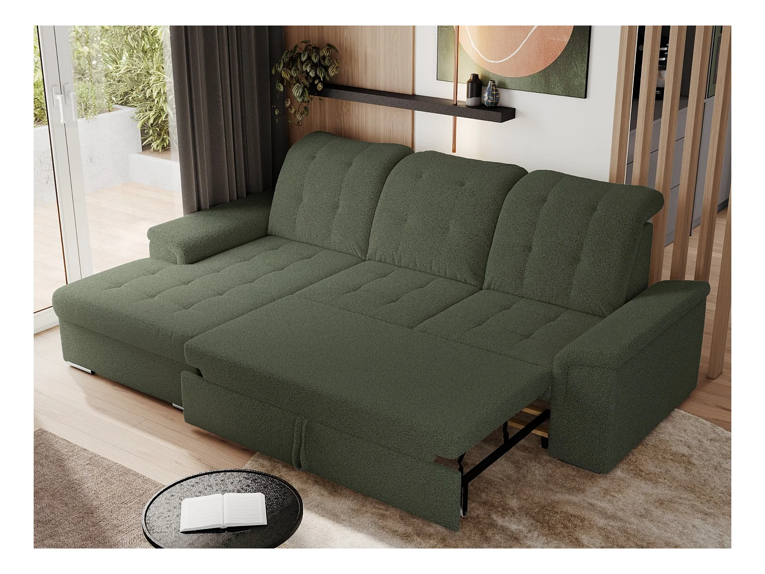 Ecksofa MADRITO - mit verstellbarer Rückenlehne, Armlehnen, gestepptem Sitz und Rückenlehne, Schlaffunktion - Grün Boucle - Ecke Links