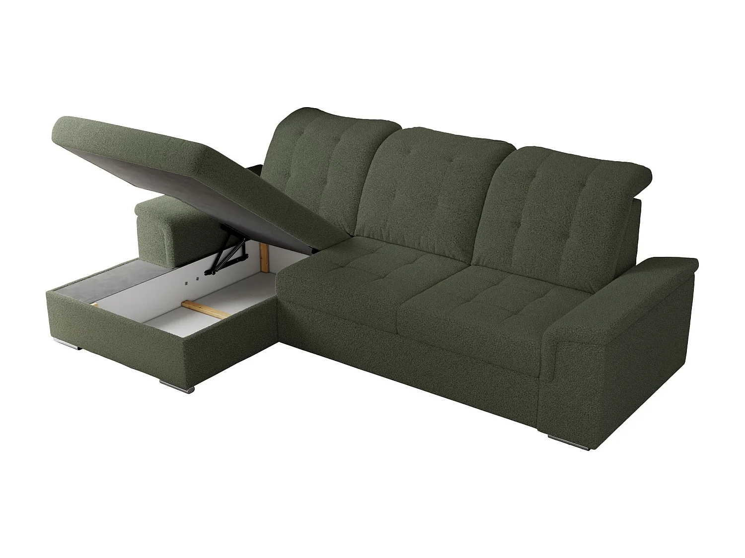 Ecksofa MADRITO - mit verstellbarer Rückenlehne, Armlehnen, gestepptem Sitz und Rückenlehne, Schlaffunktion - Grün Boucle - Ecke Links