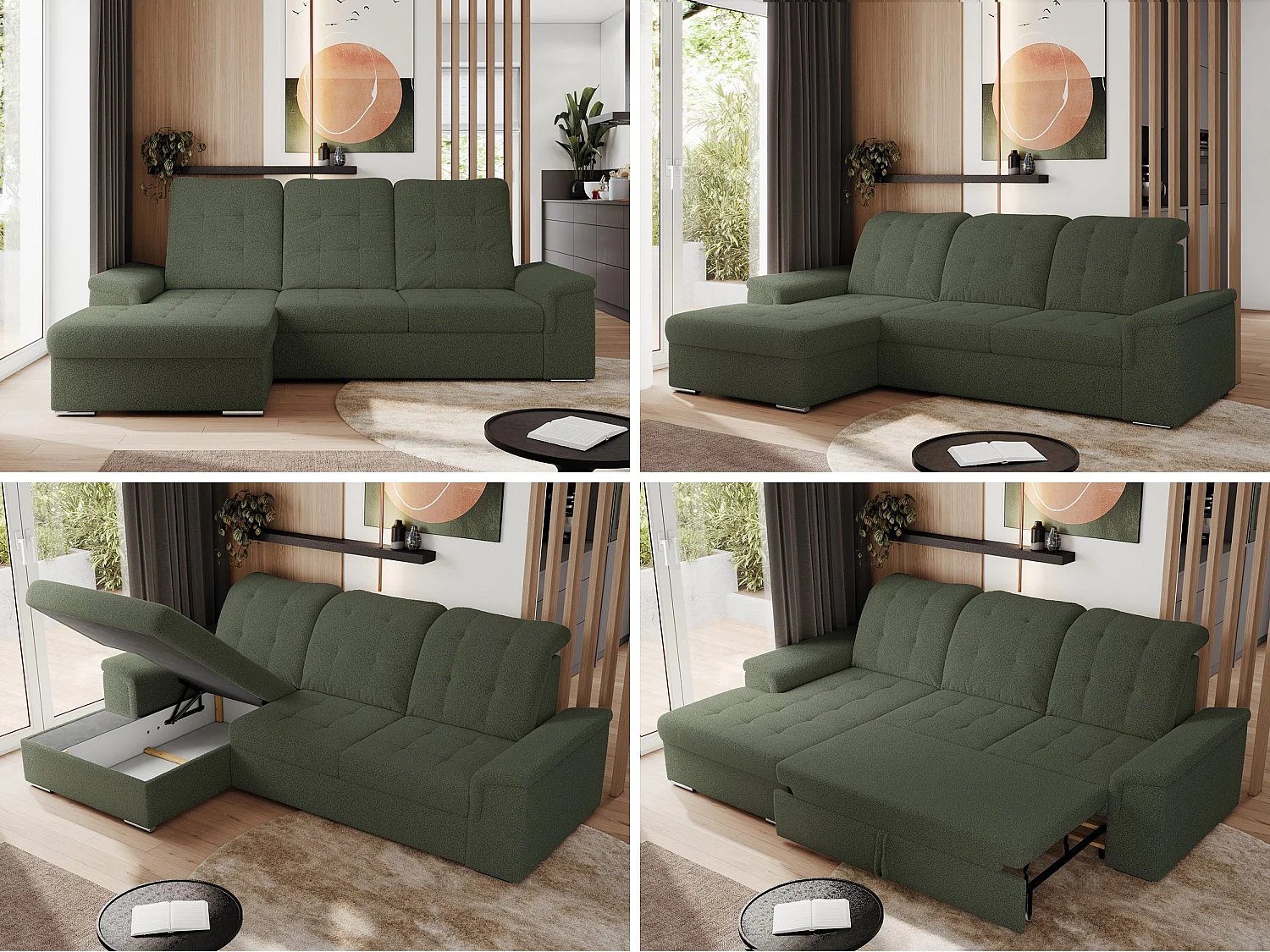 Ecksofa MADRITO - mit verstellbarer Rückenlehne, Armlehnen, gestepptem Sitz und Rückenlehne, Schlaffunktion - Grün Boucle - Ecke Links