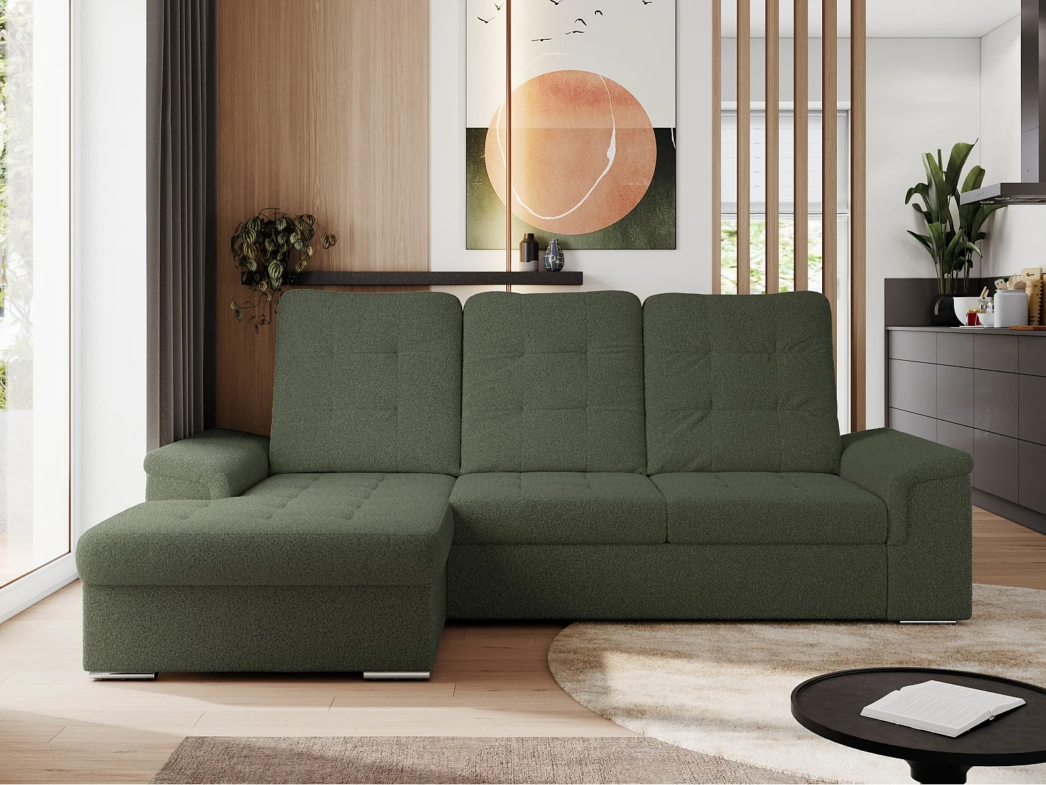 Ecksofa MADRITO - mit verstellbarer Rückenlehne, Armlehnen, gestepptem Sitz und Rückenlehne, Schlaffunktion - Grün Boucle - Ecke Links