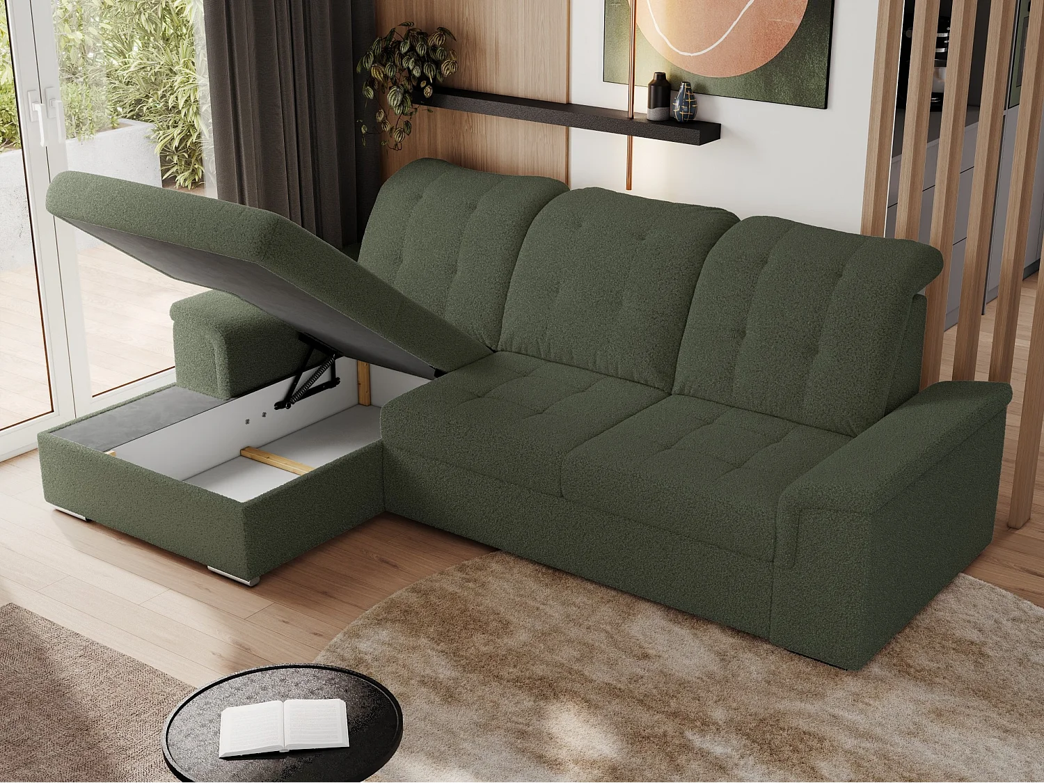 Ecksofa MADRITO - mit verstellbarer Rückenlehne, Armlehnen, gestepptem Sitz und Rückenlehne, Schlaffunktion - Grün Boucle - Ecke Links