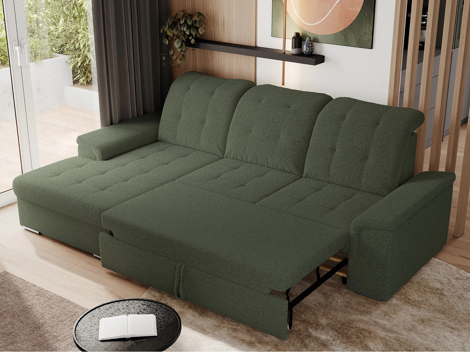 Ecksofa MADRITO - mit verstellbarer Rückenlehne, Armlehnen, gestepptem Sitz und Rückenlehne, Schlaffunktion - Grün Boucle - Ecke Links