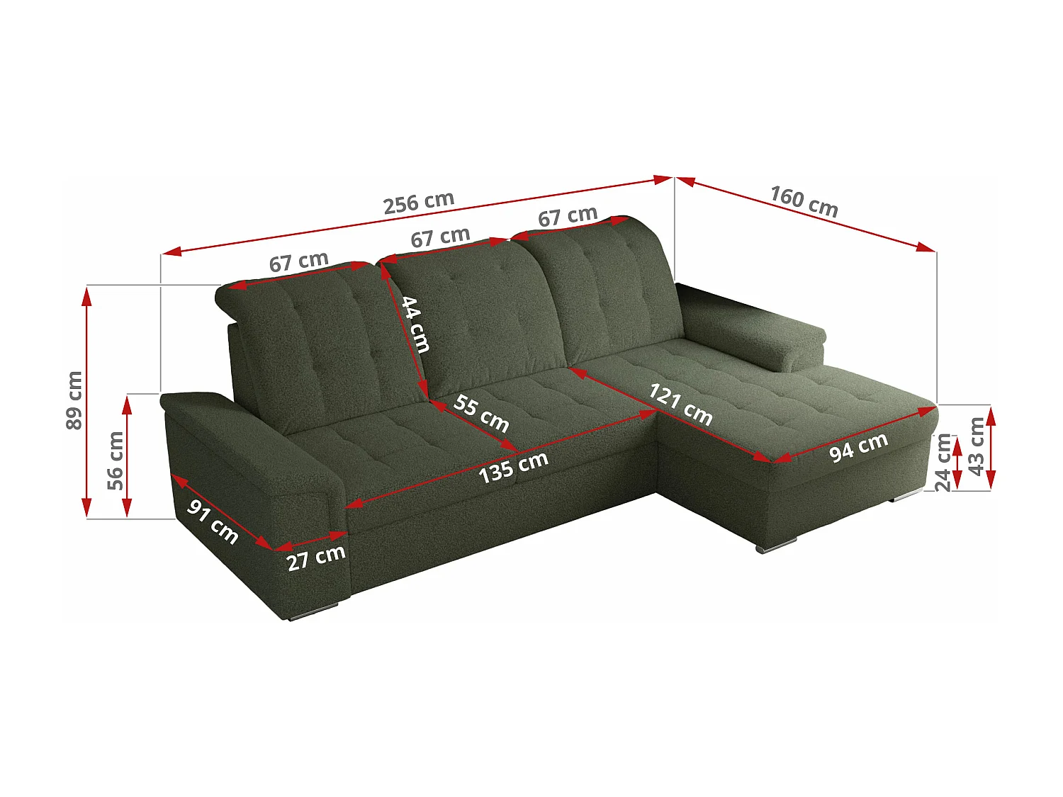 Ecksofa MADRITO - mit verstellbarer Rückenlehne, Armlehnen, gestepptem Sitz und Rückenlehne, Schlaffunktion - Grün Boucle - Ecke Links