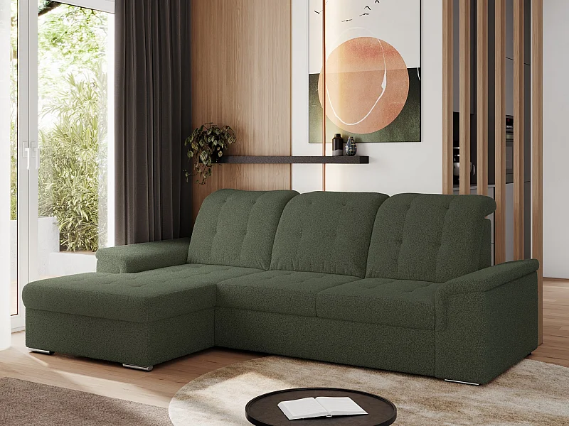 Ecksofa MADRITO - mit verstellbarer Rückenlehne, Armlehnen, gestepptem Sitz und Rückenlehne, Schlaffunktion - Grün Boucle - Ecke Links