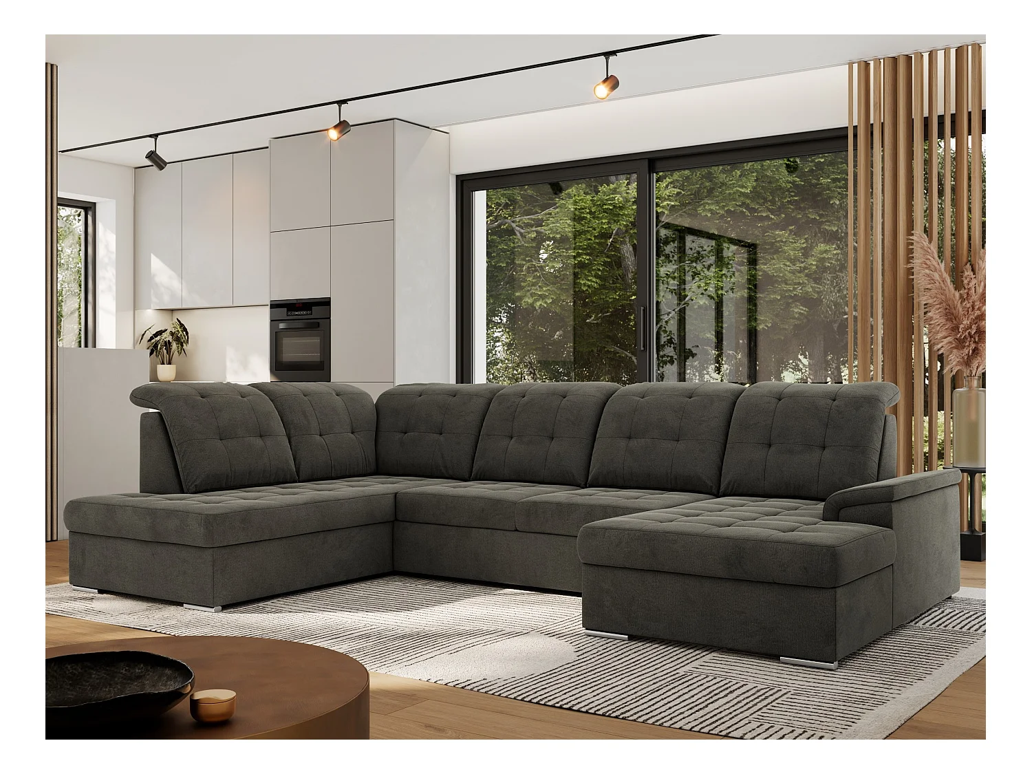 Ecksofa MADRITO U - mit verstellbarer Rückenlehne, Armlehne, L-förmige Ecke, Bettkasten - Dunkelgrau Velvet - Ecke Links