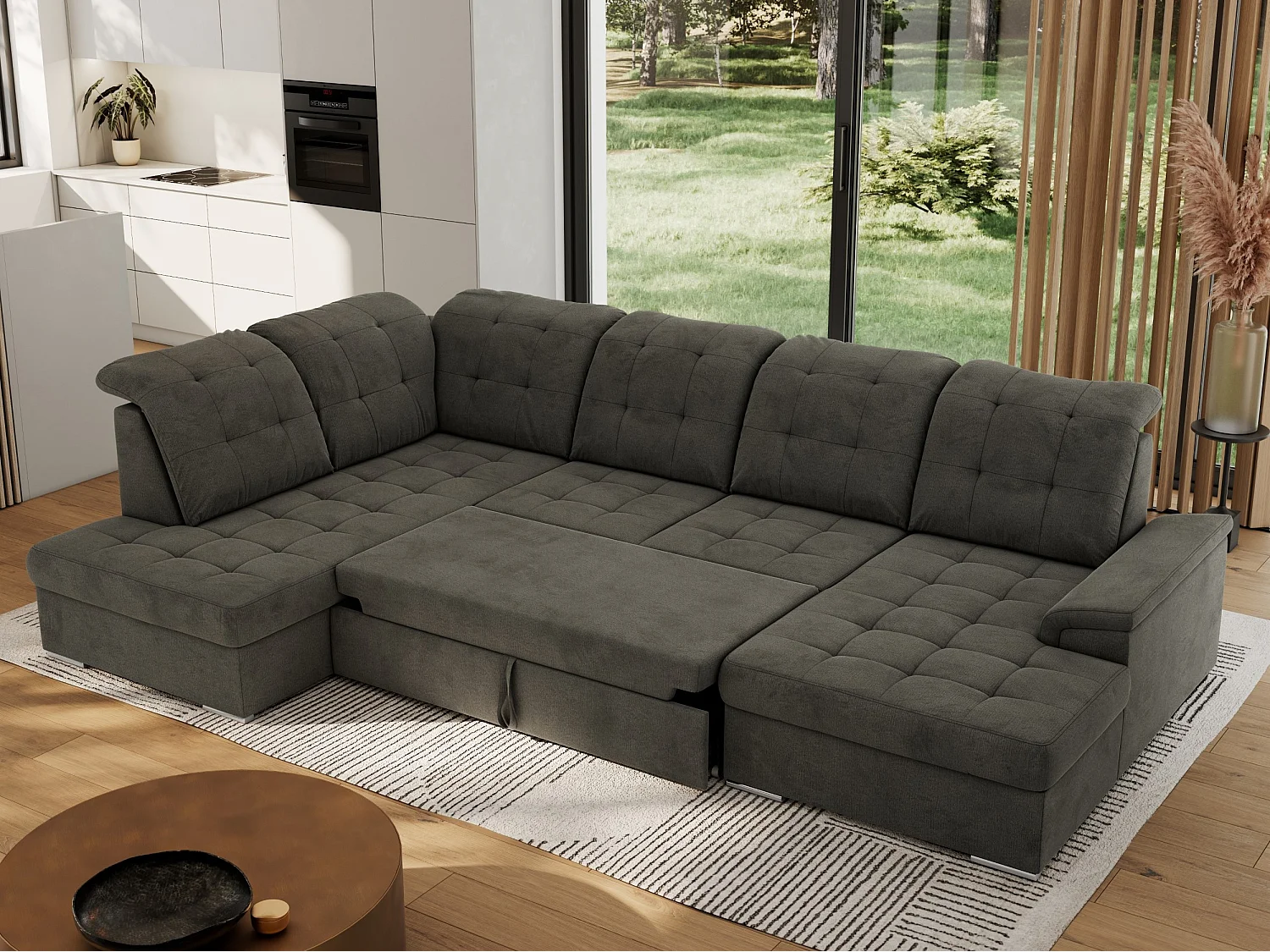 Ecksofa MADRITO U - mit verstellbarer Rückenlehne, Armlehne, L-förmige Ecke, Bettkasten - Dunkelgrau Velvet - Ecke Links