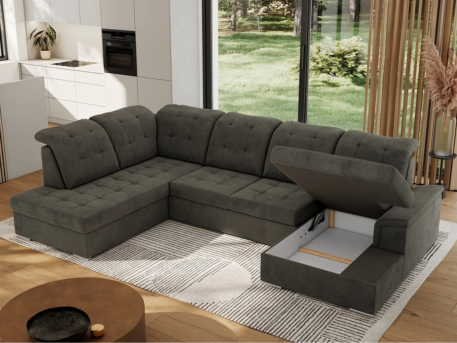 Ecksofa MADRITO U - mit verstellbarer Rückenlehne, Armlehne, L-förmige Ecke, Bettkasten - Dunkelgrau Velvet - Ecke Links