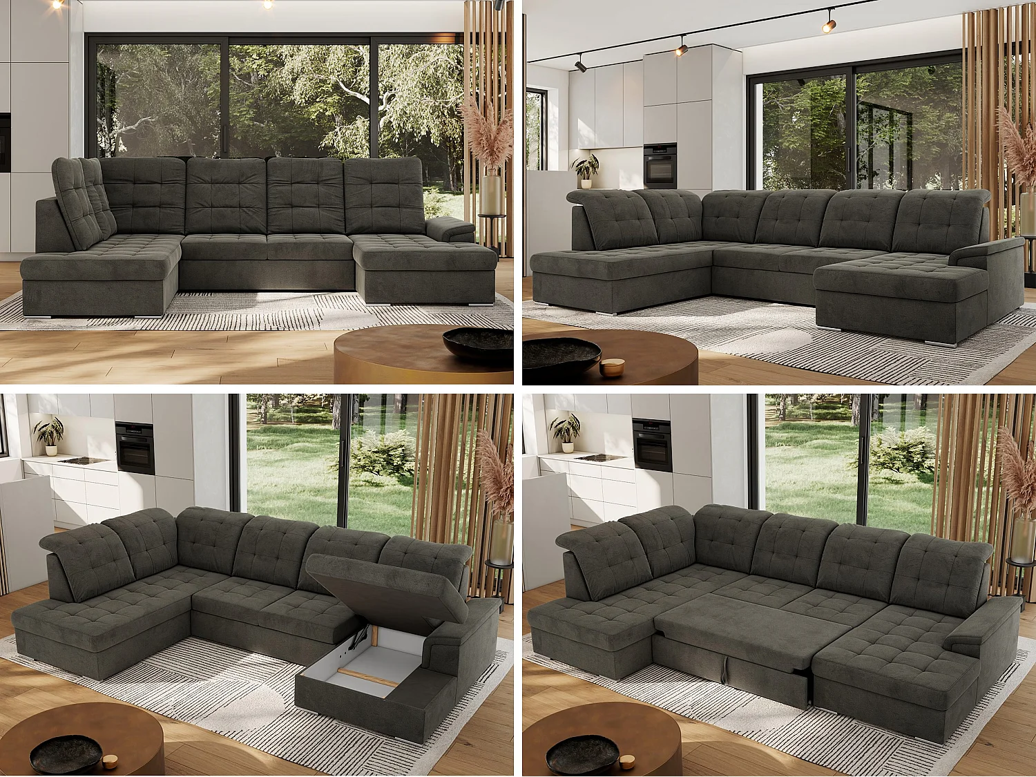 Ecksofa MADRITO U - mit verstellbarer Rückenlehne, Armlehne, L-förmige Ecke, Bettkasten - Dunkelgrau Velvet - Ecke Links