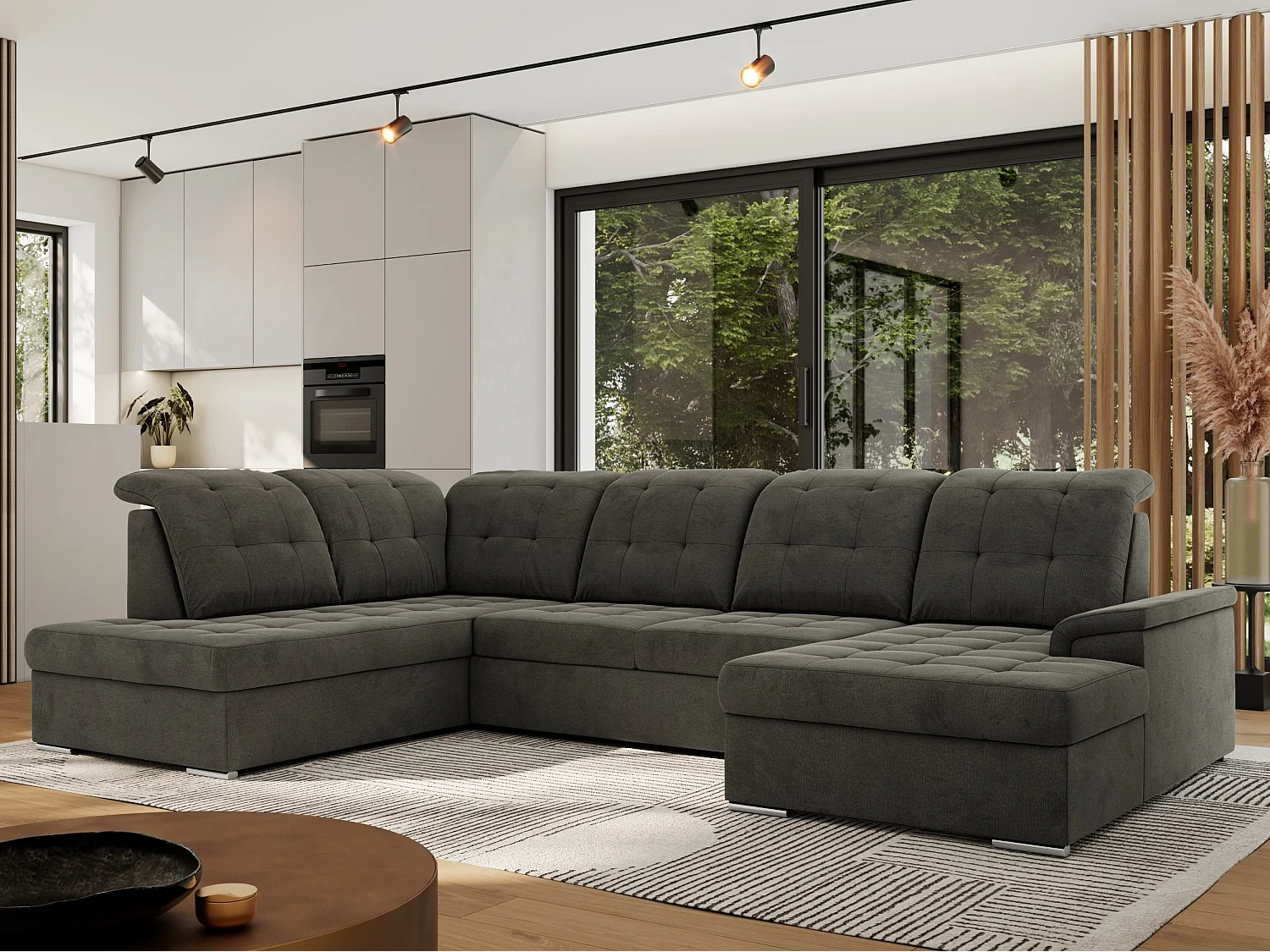 Ecksofa MADRITO U - mit verstellbarer Rückenlehne, Armlehne, L-förmige Ecke, Bettkasten - Dunkelgrau Velvet - Ecke Links